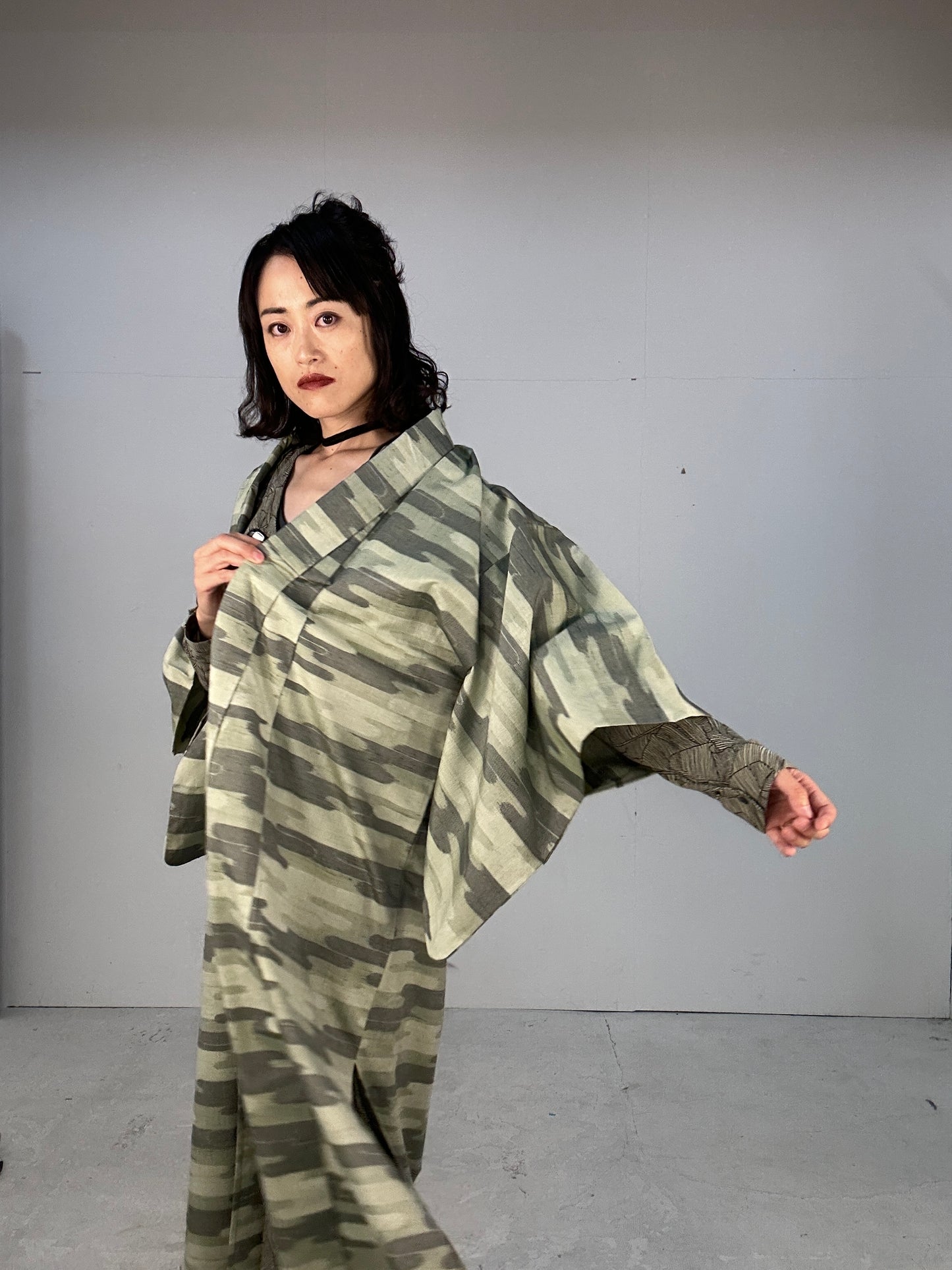 Kimono dress gown and string belt upcycled from Japanese kimono "tsumugi cloud pattern"