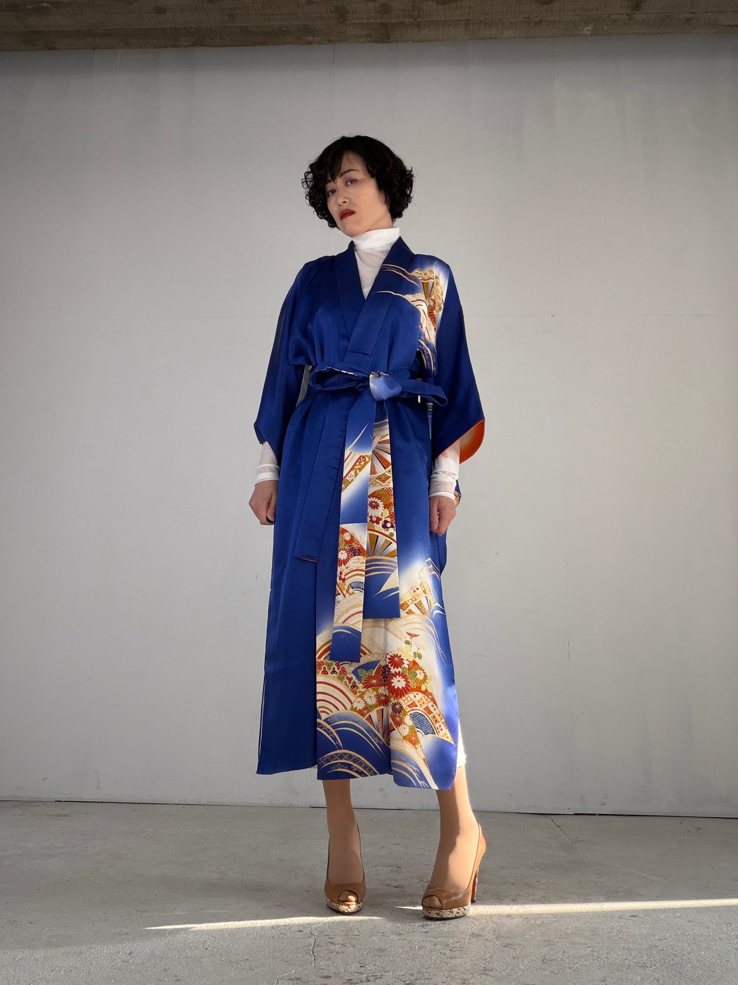 Houmongi Kimono Dress Gown with String Belt – Upcycled from Vintage Japanese Kimono "blue,genjiguruma, DRE033"