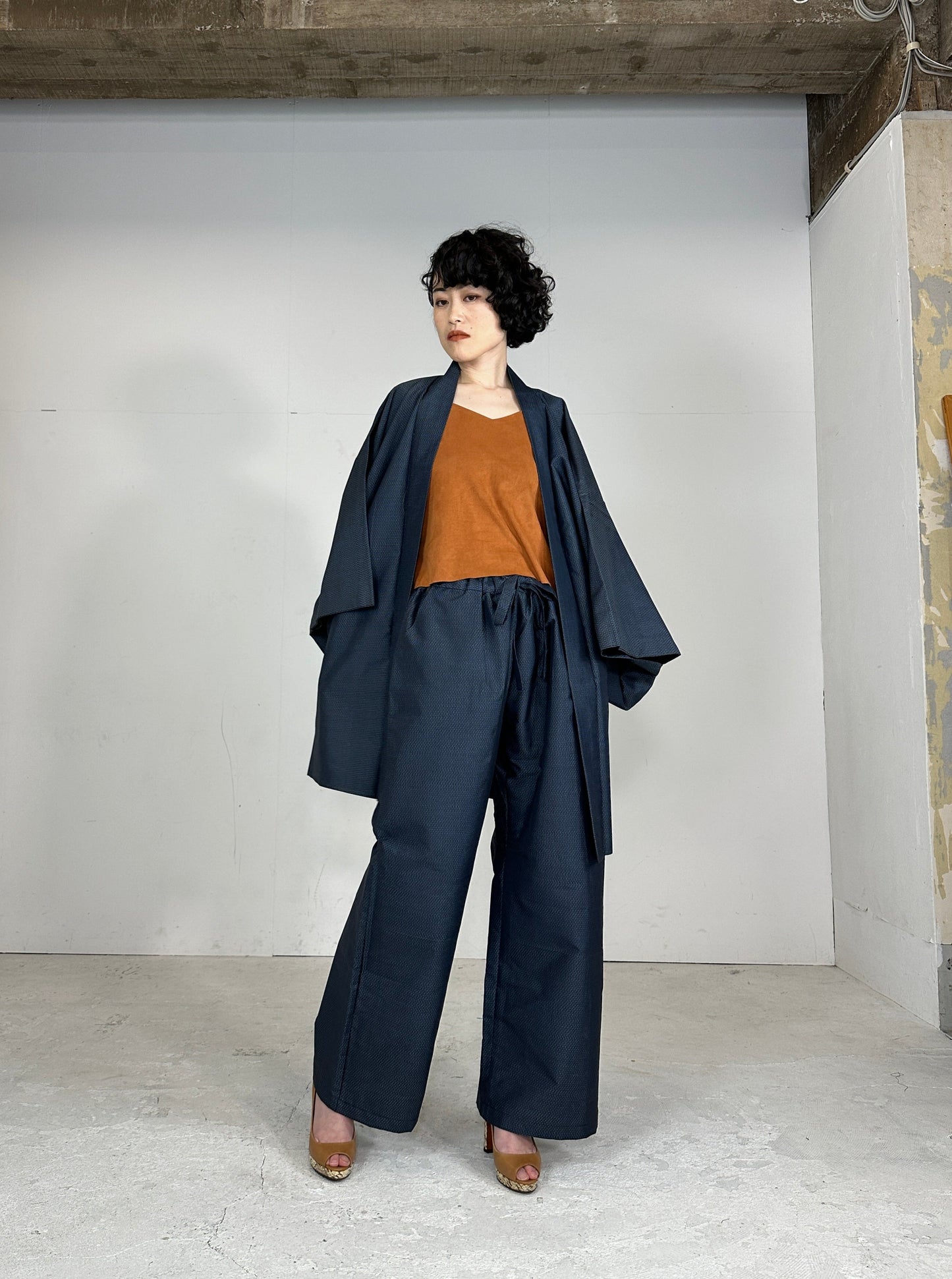 Oshima Tsumugi HAORI  and KIMONO elastic waist pants(large size) upcycled from Japanese kimono(Unisex)"Takarabune" *damage