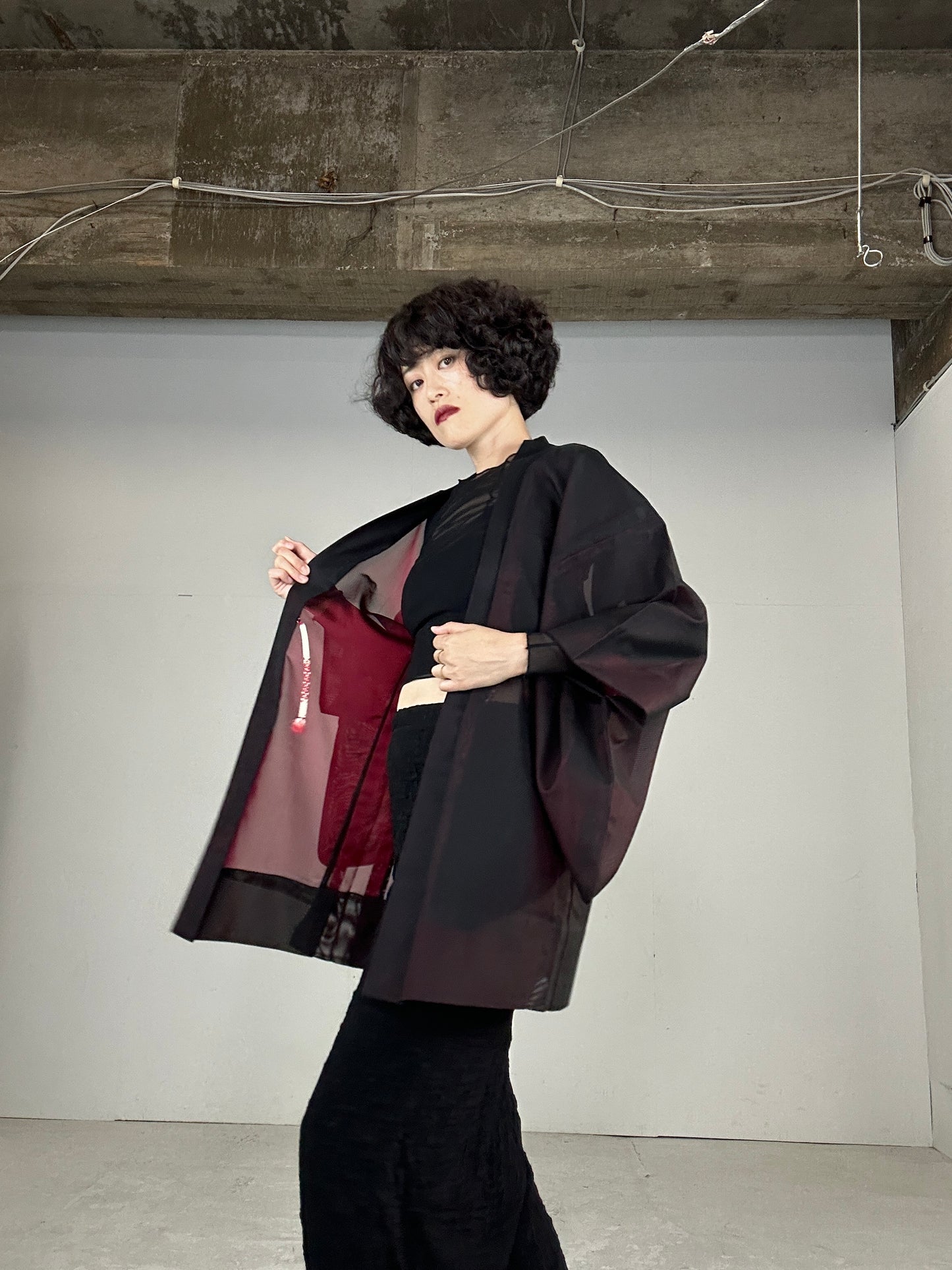 VINTAGE BLACK HAORI SHEER “aka sasa"