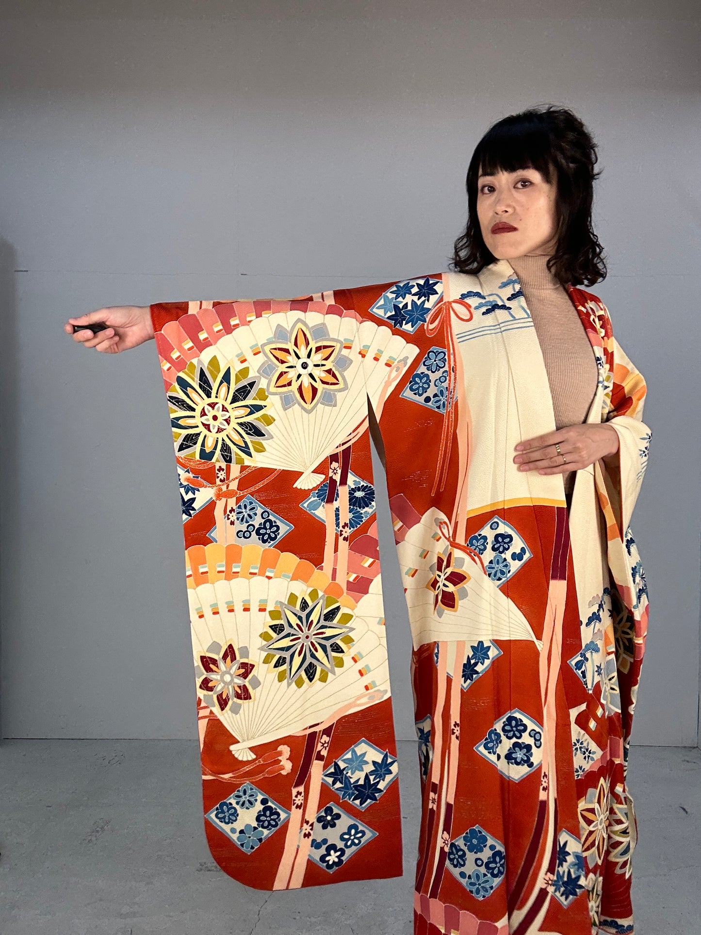 Furisode Kimono dress gown and string belt upcycled from Japanese kimono "furisode aka"