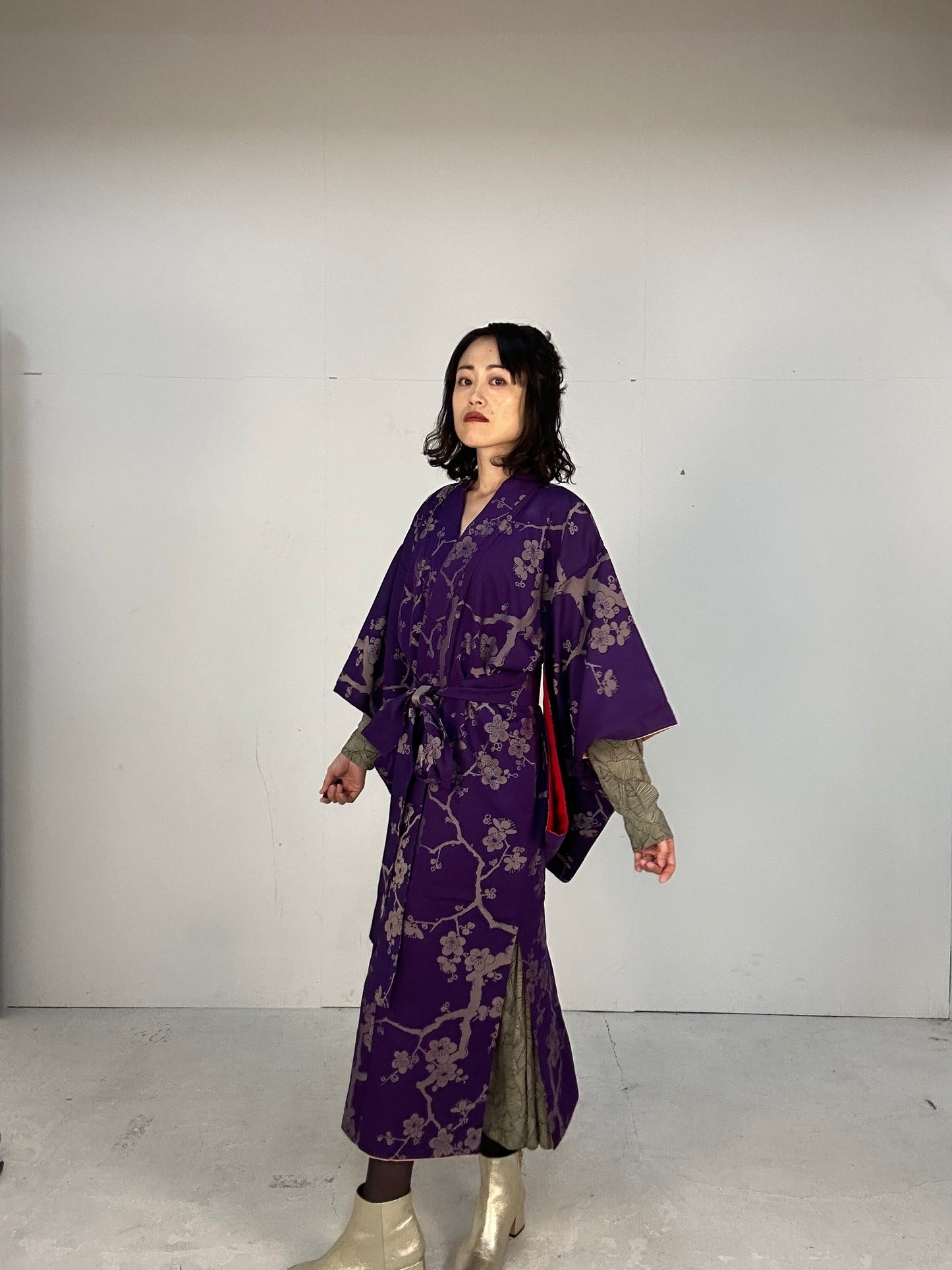 Kimono dress gown and string belt upcycled from Japanese kimono "komon ume"