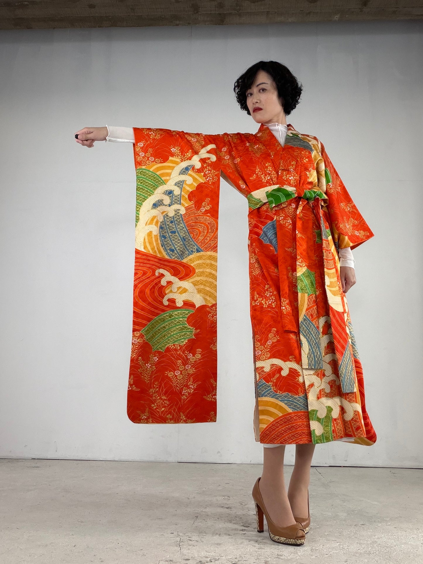Furisode Kimono Dress Gown with String Belt – Upcycled from Vintage Japanese Kimono "orange, nami, DRE021"