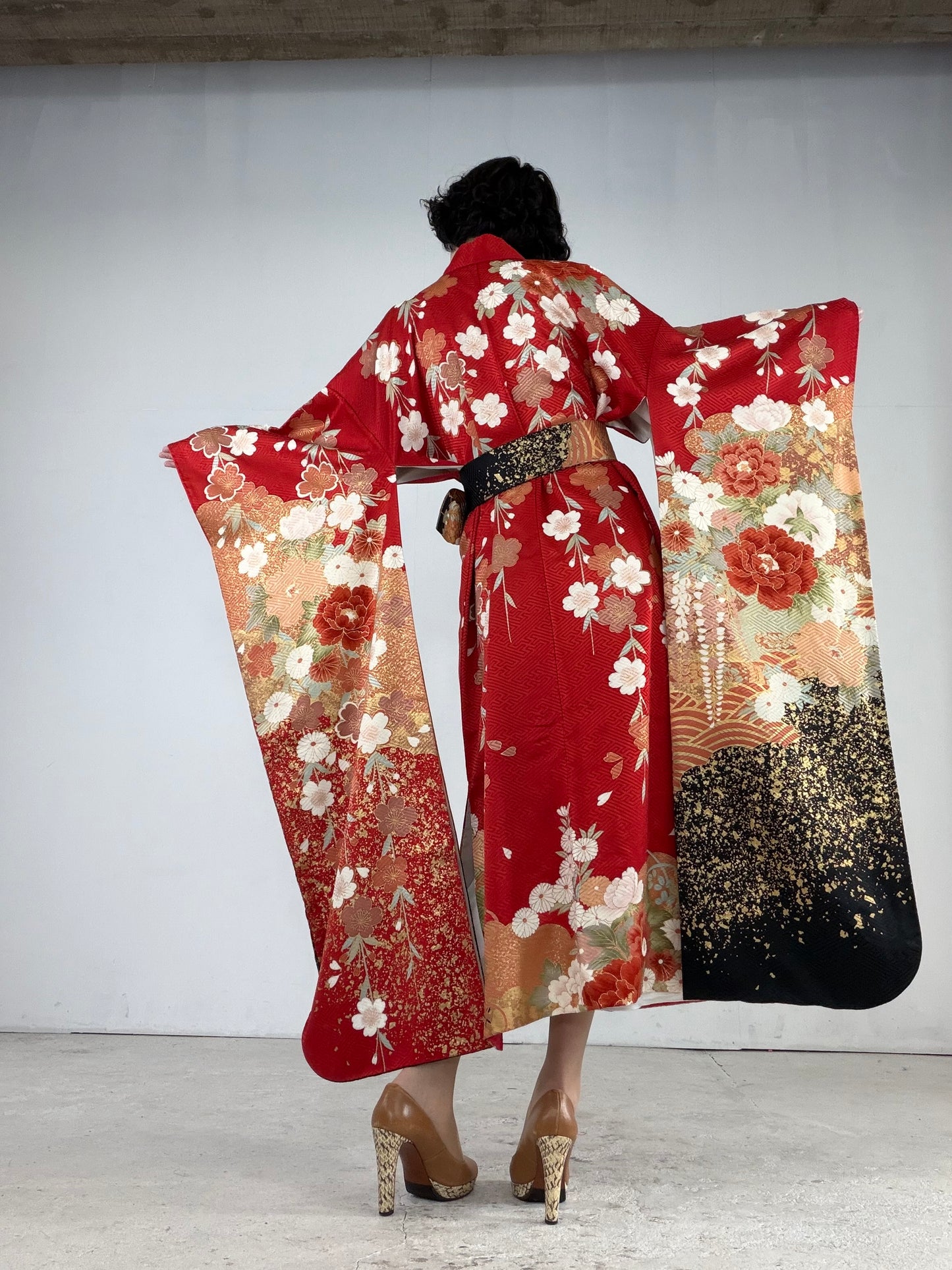 Furisode Kimono Dress Gown with String Belt – Upcycled from Vintage Japanese Kimono "red, sakura, botan, kiku, DRE019"