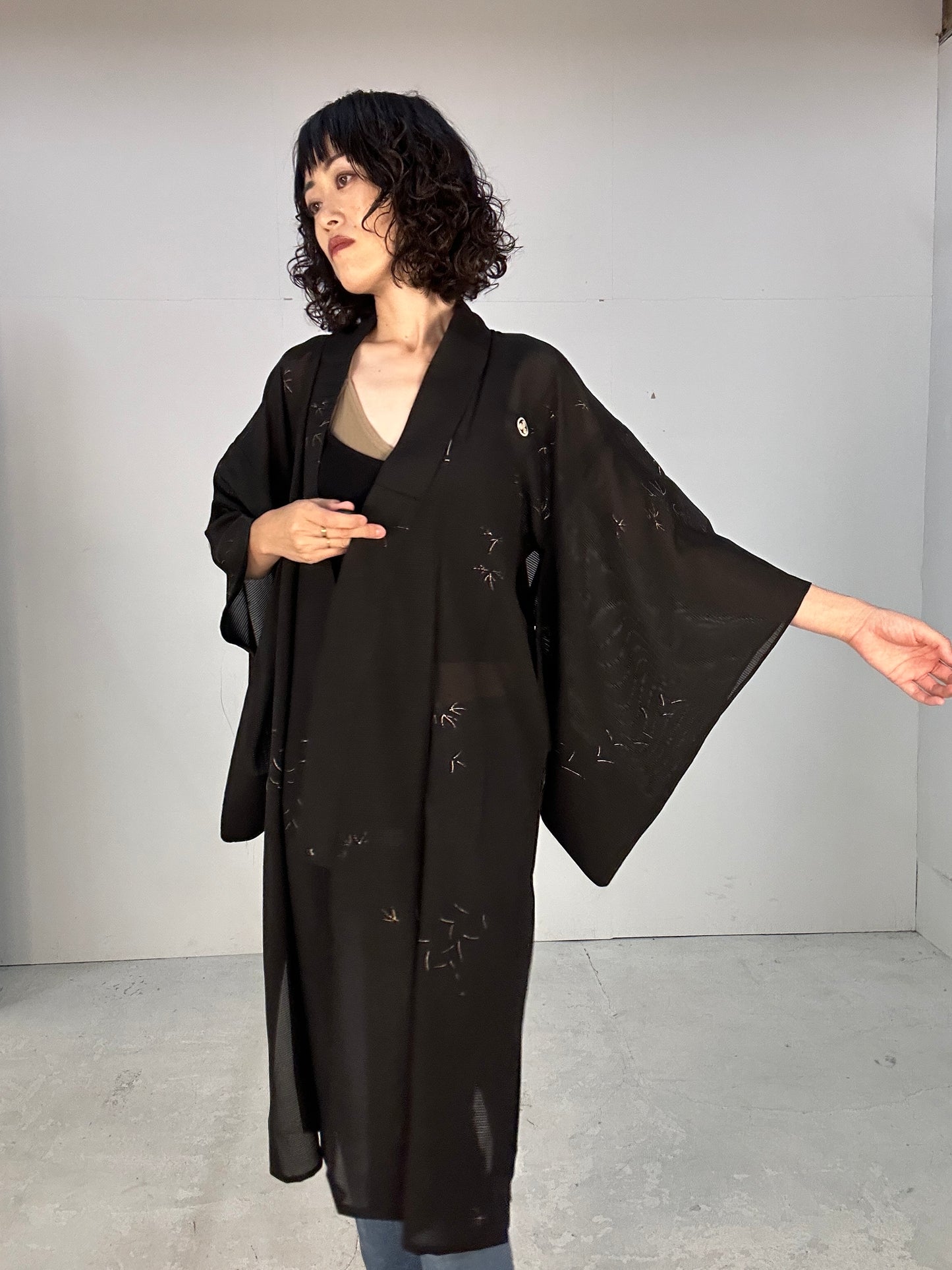 SHEER kimono dress gown and string belt upcycled from Japanese kimono "kin ashiato"