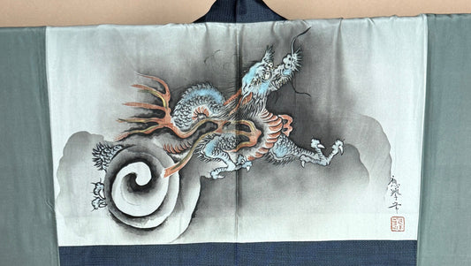 VINTAGE KAWAII HAORI oversized  "oshima, blue,  dragon 029"*damage