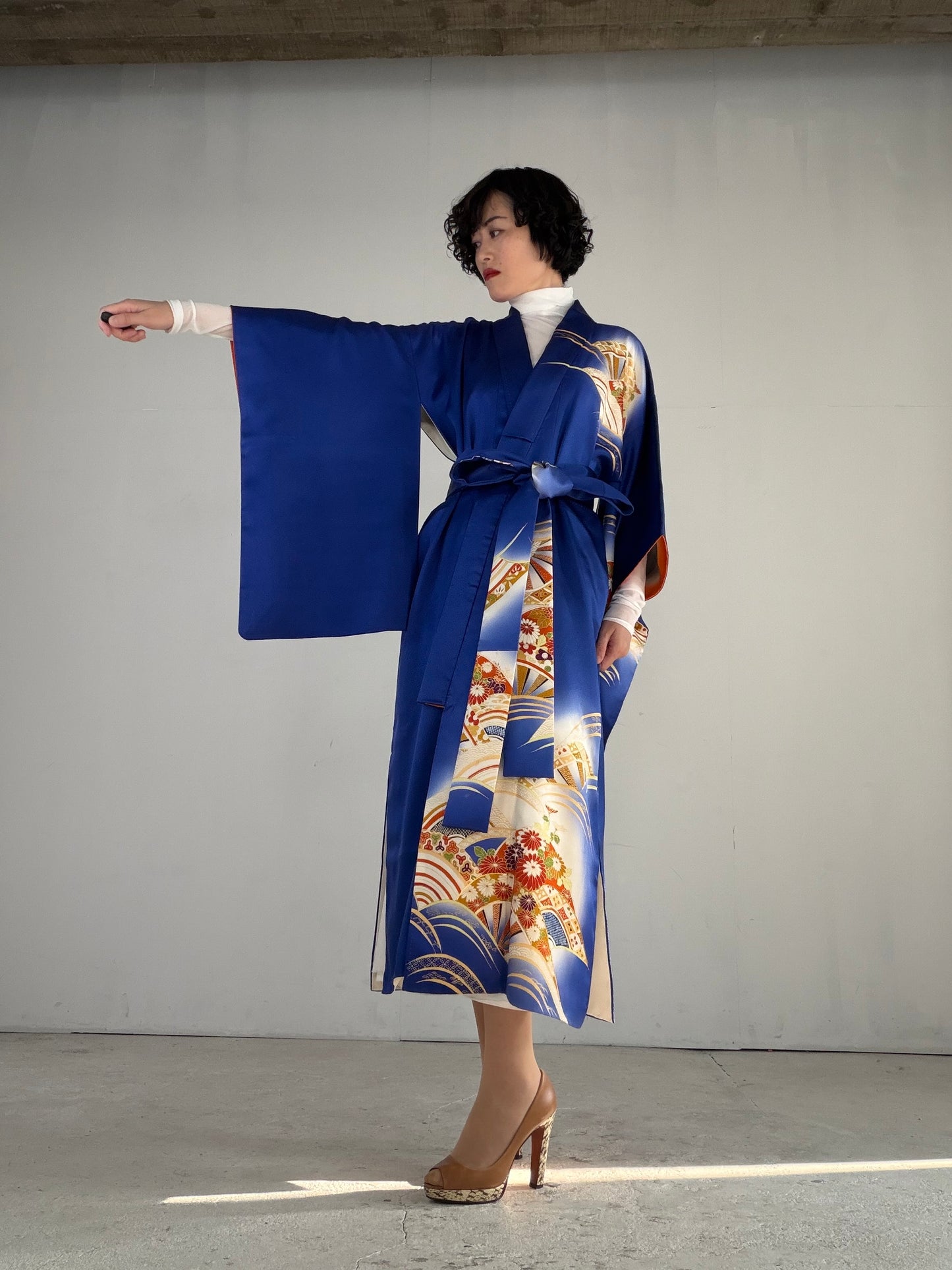 Houmongi Kimono Dress Gown with String Belt – Upcycled from Vintage Japanese Kimono "blue,genjiguruma, DRE033"