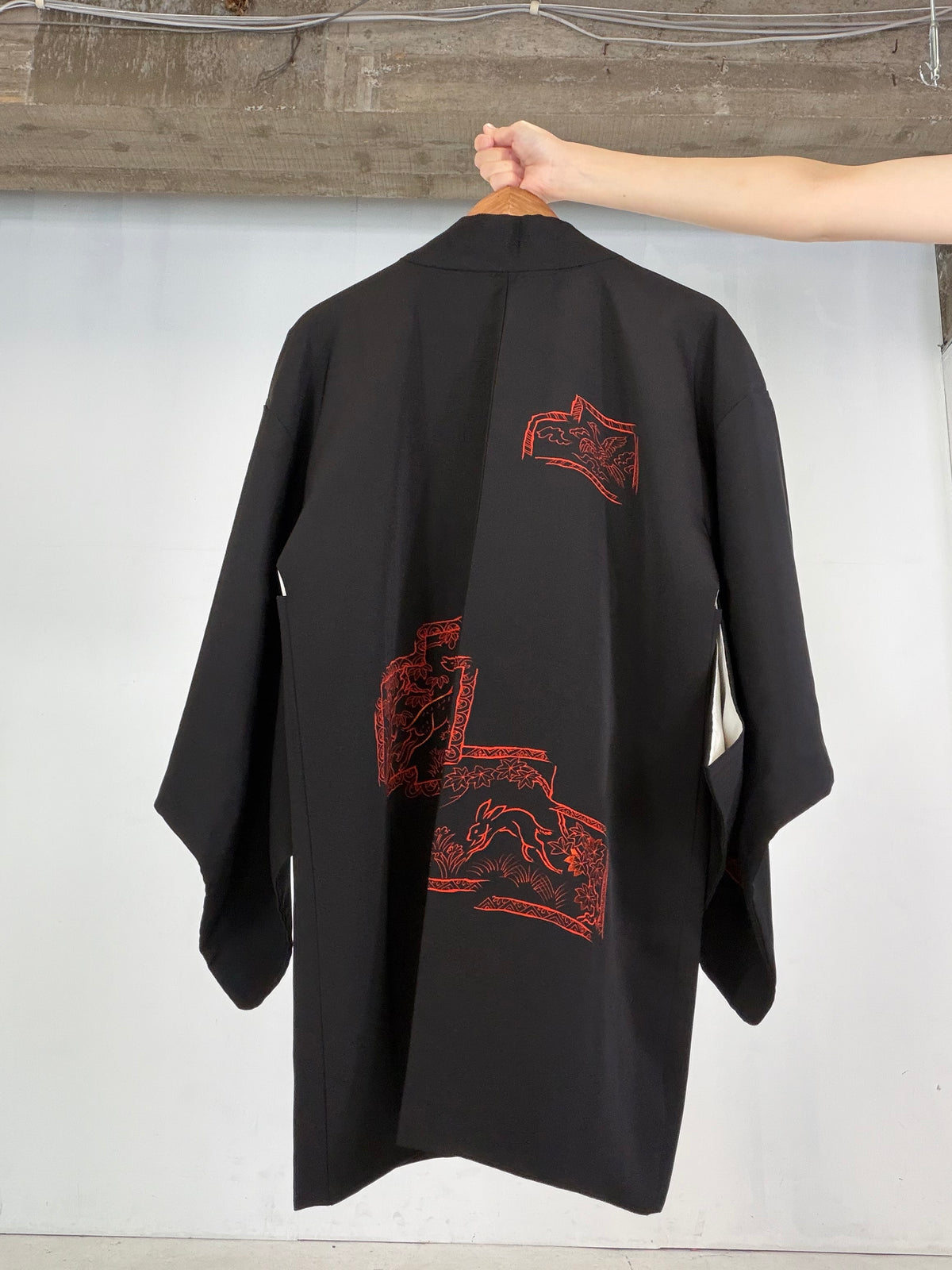 VINTAGE BLACK HAORI  "deer, rabbit, BLK206"