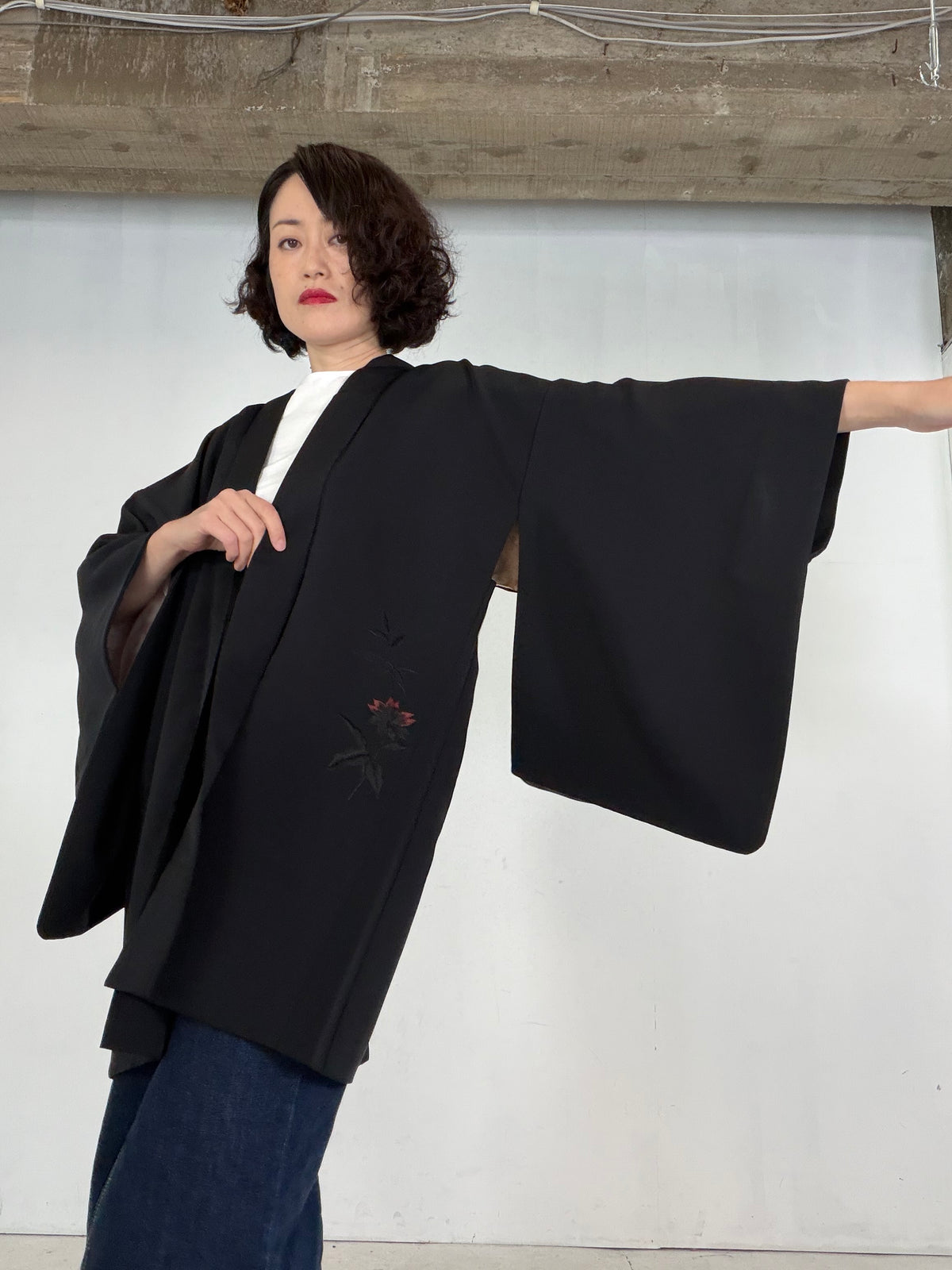 VINTAGE BLACK HAORI  "glitter, BLK205"*damage