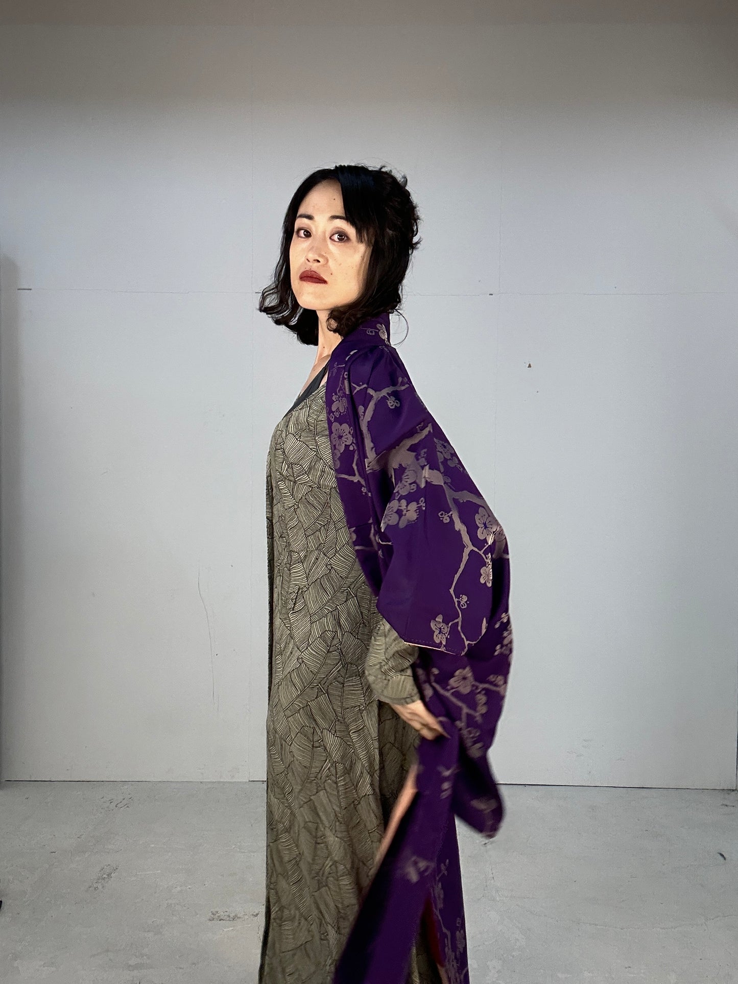 Kimono dress gown and string belt upcycled from Japanese kimono "komon ume"