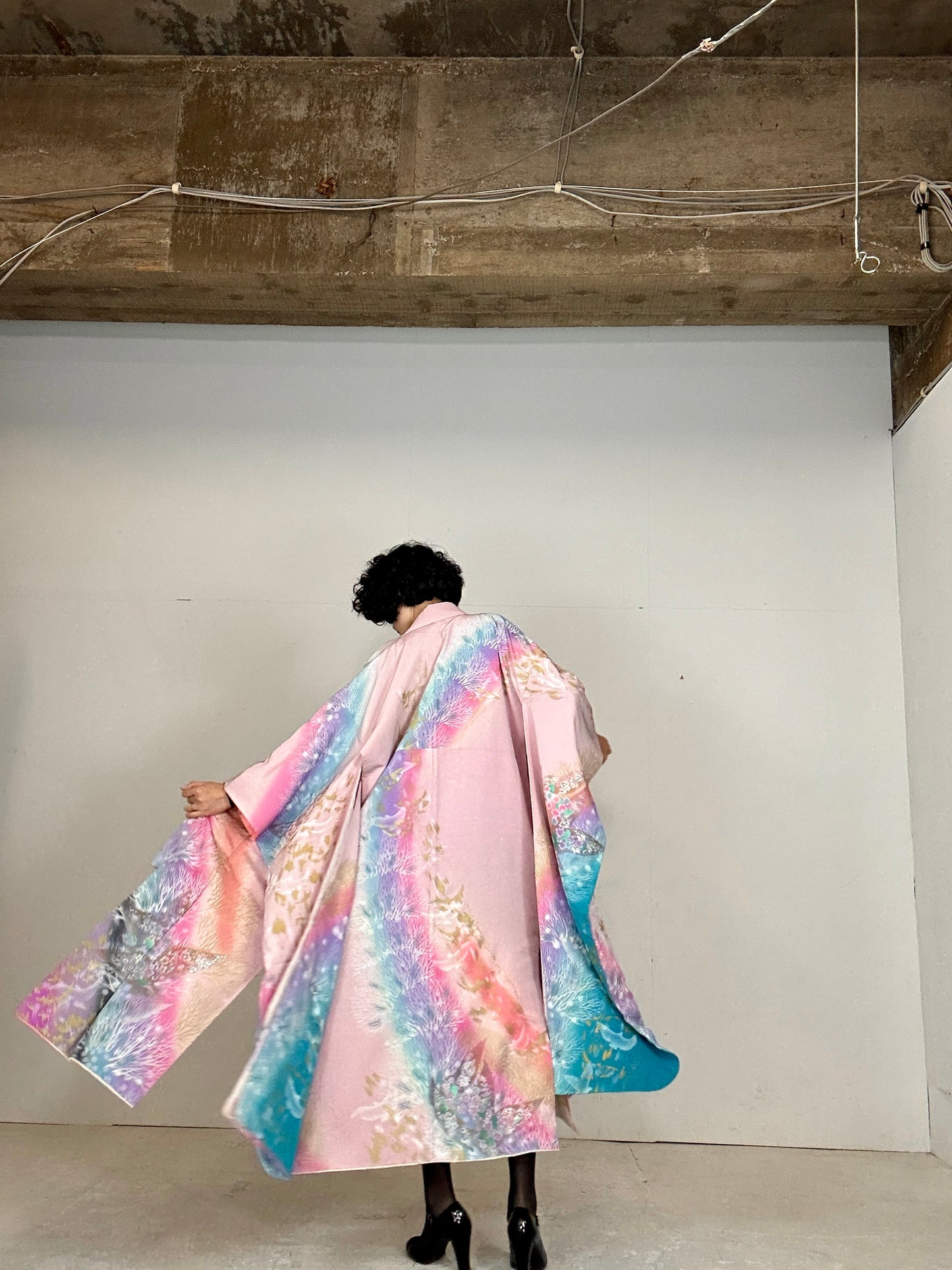 Furisode Kimono dress gown and string belt upcycled from Japanese kimono "sky gradient bird"