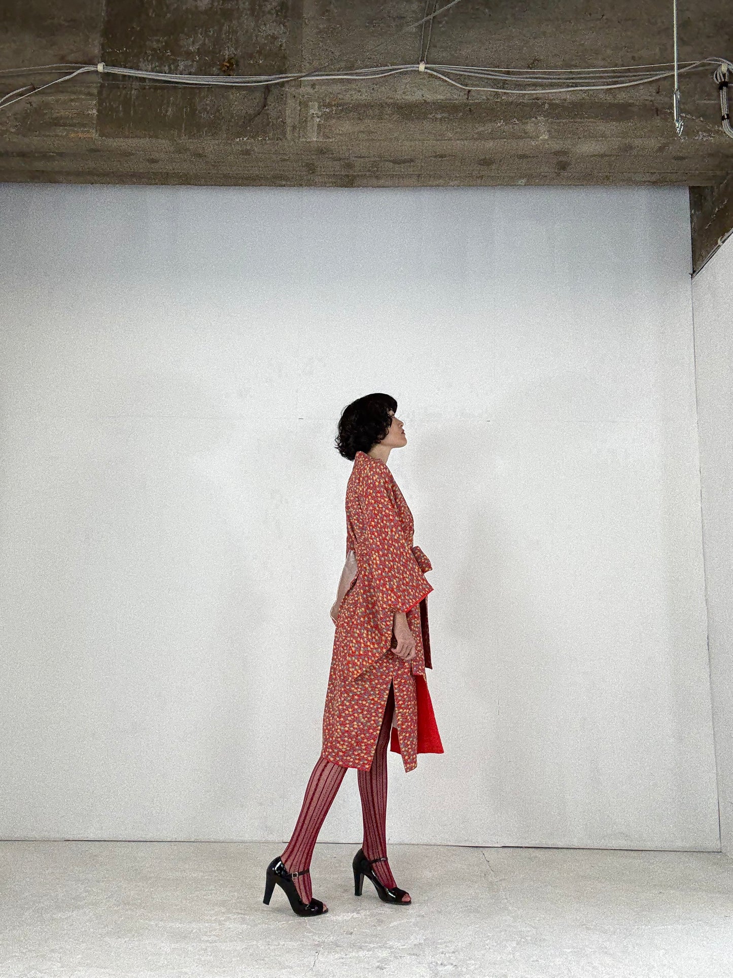 Kimono dress gown and string belt upcycled from Japanese kimono "tachibana" Big Ribbon