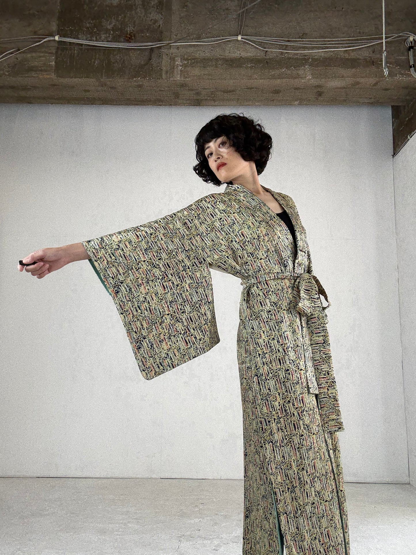 Kimono dress gown and string belt upcycled from Japanese kimono " fuji"