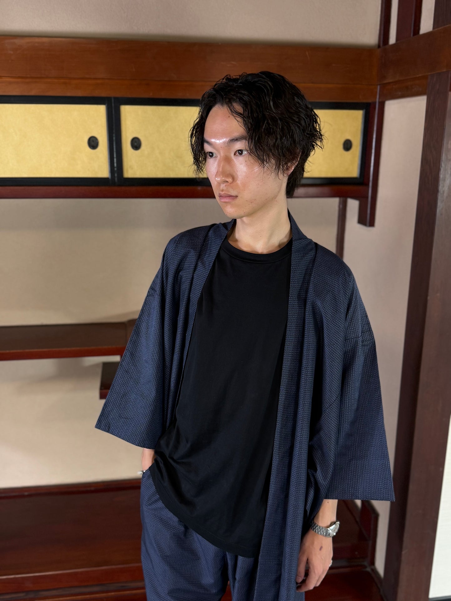 Oshima Tsumugi HAORI  and KIMONO elastic waist pants upcycled from Japanese kimono"taka"version 2