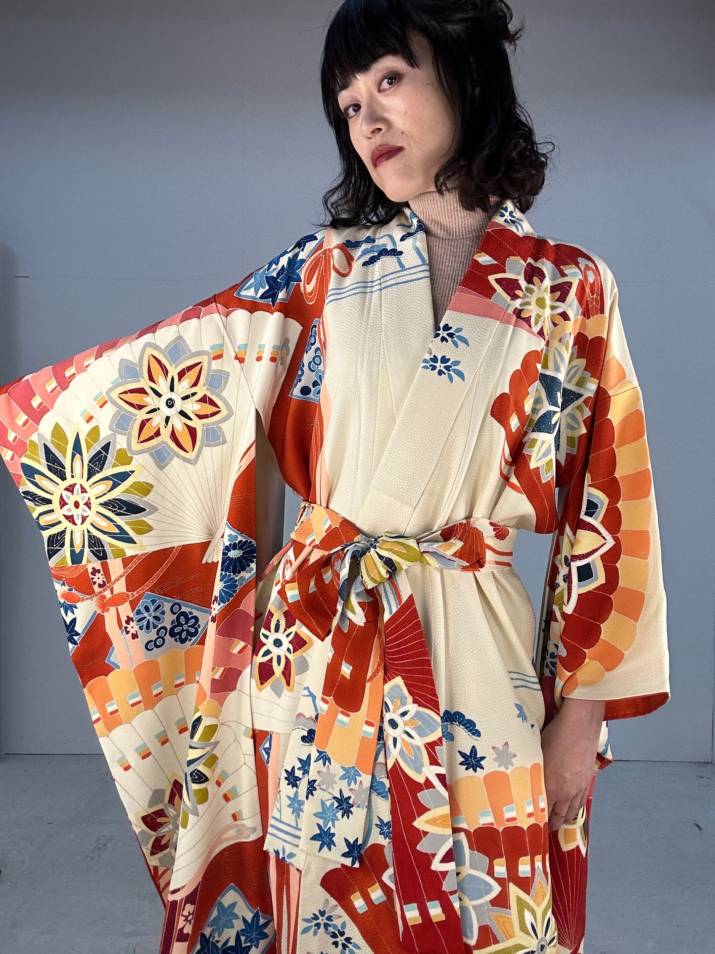 Furisode Kimono dress gown and string belt upcycled from Japanese kimono "furisode aka"