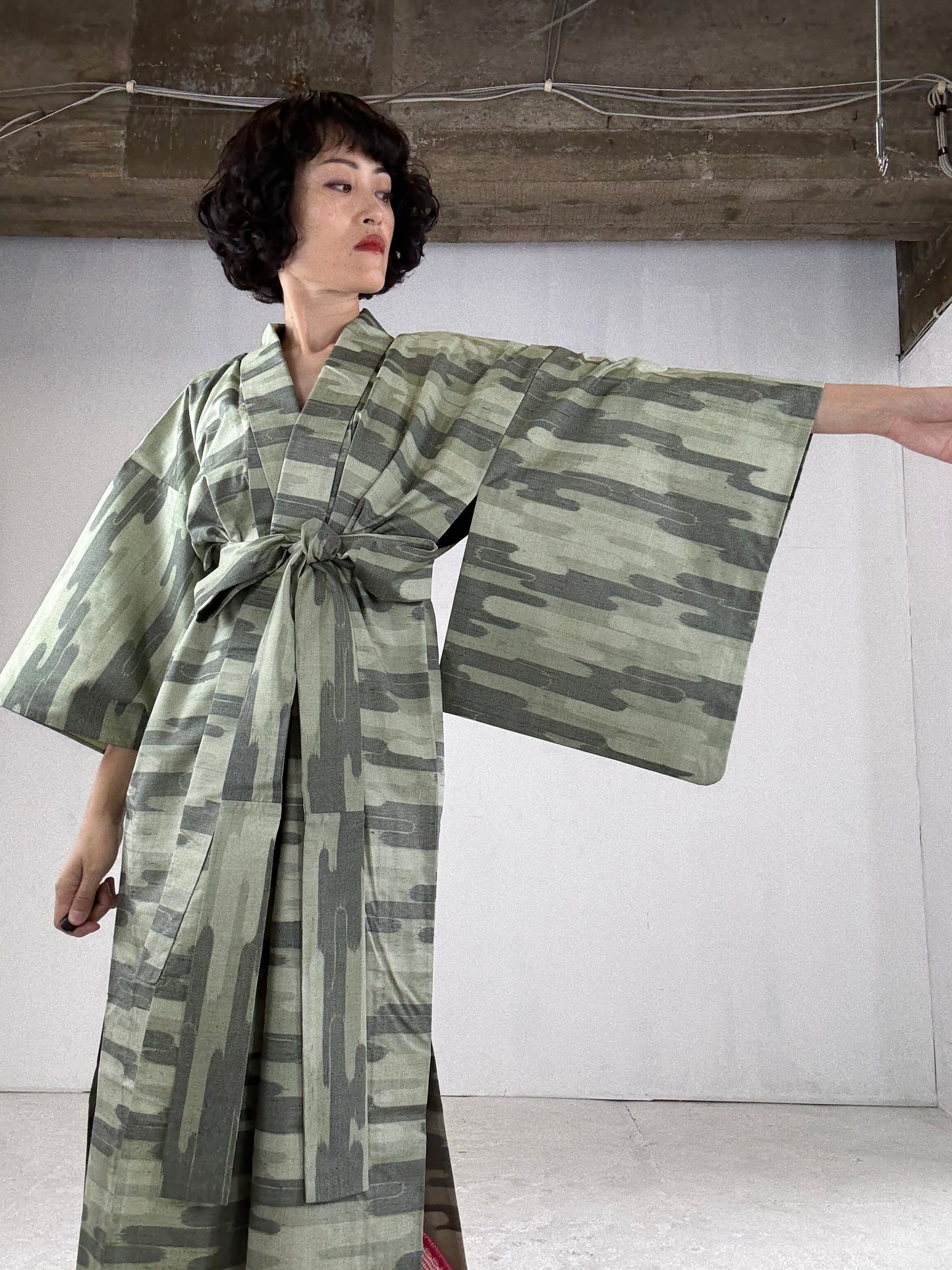 Kimono dress gown and string belt upcycled from Japanese kimono "tsumugi cloud pattern" :damage