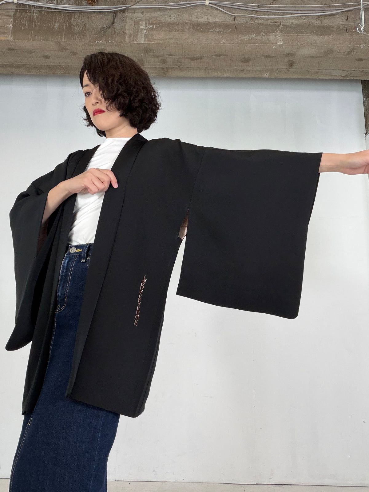 VINTAGE BLACK HAORI  "embroidery, BLK207"