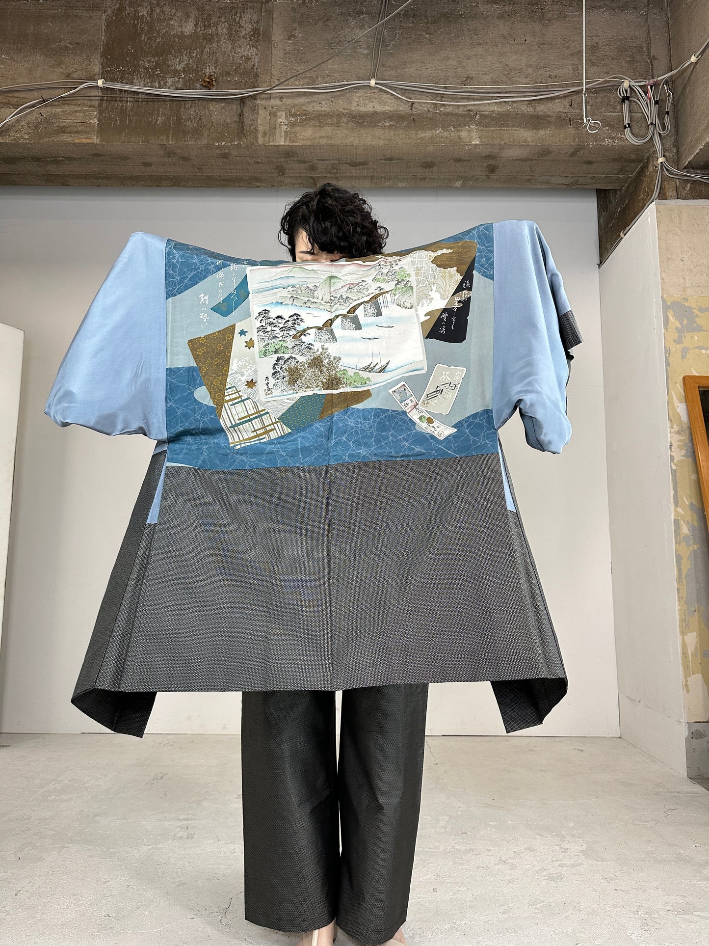Oshima Tsumugi HAORI  and KIMONO elastic waist pants(large size) upcycled from Japanese kimono(Unisex)"Kintai Bridge"