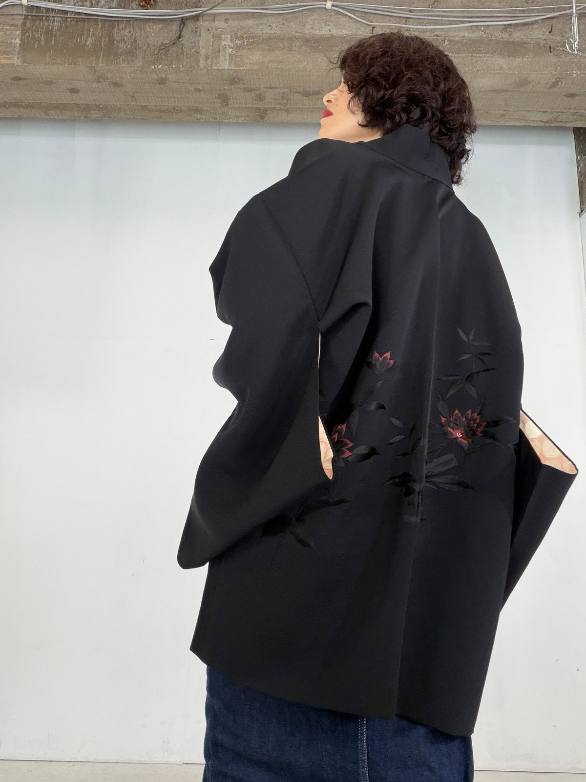 VINTAGE BLACK HAORI  "glitter, BLK205"*damage