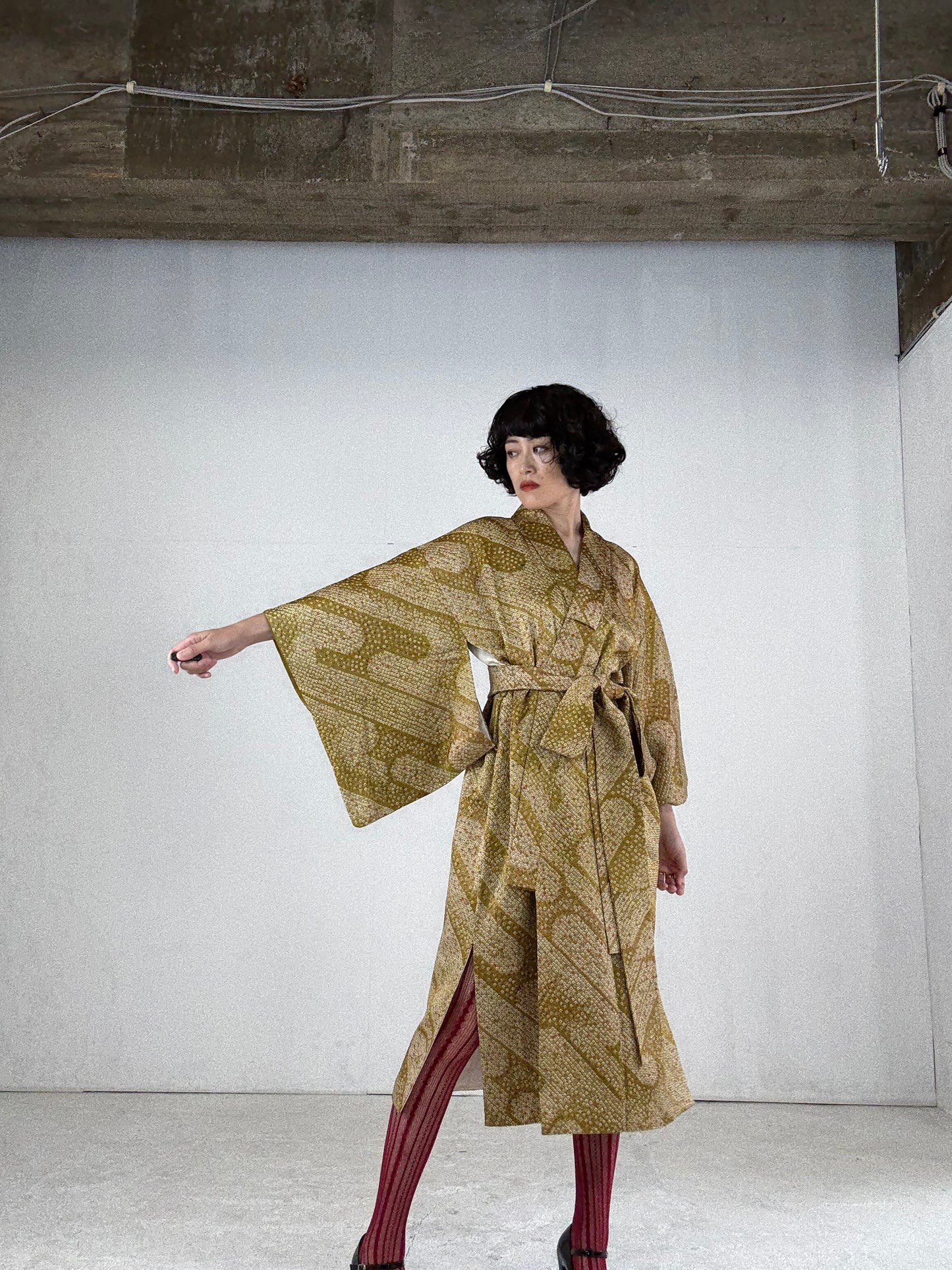 Kimono dress gown and string belt upcycled from Japanese kimono "shibori, yellow" Big Ribbon