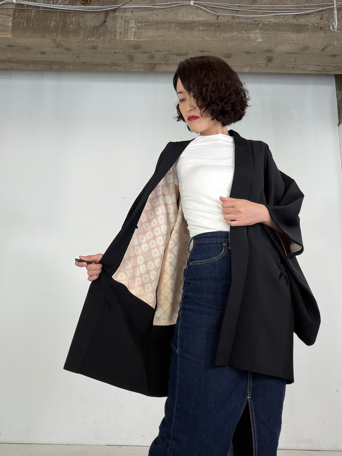 VINTAGE BLACK HAORI  "glitter, BLK205"*damage