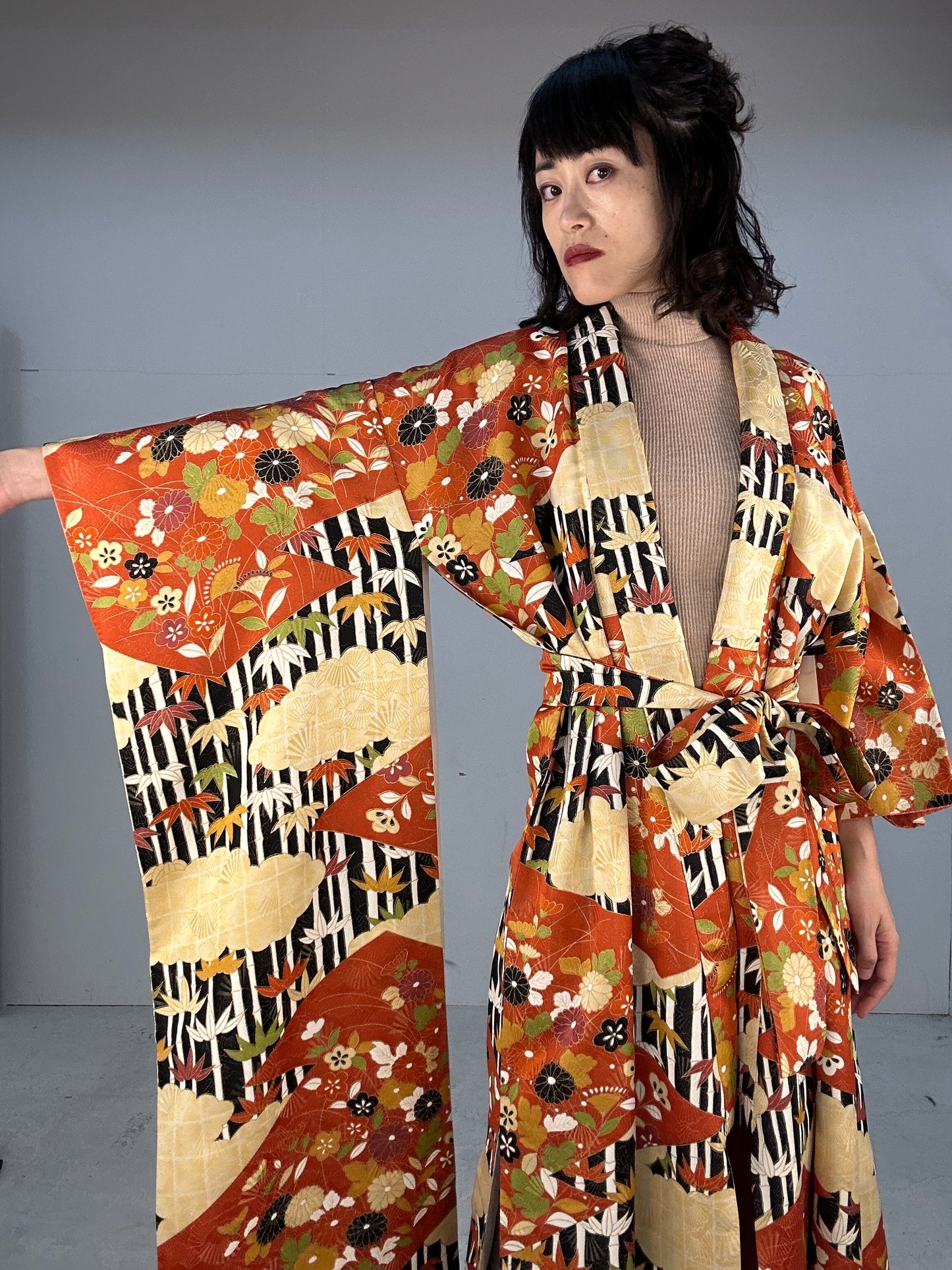 Furisode Kimono dress gown and string belt upcycled from Japanese kimono "furisode kuro"