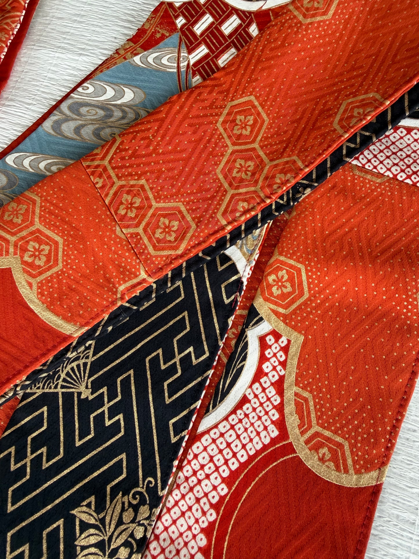 Furisode Kimono Dress Gown with String Belt – Upcycled from Vintage Japanese Kimono "red, kuro, DRE038"