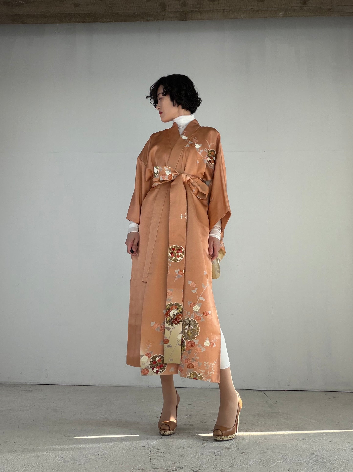Houmongi Kimono Dress Gown with String Belt – Upcycled from Vintage Japanese Kimono "akebonoiro, DRE032"