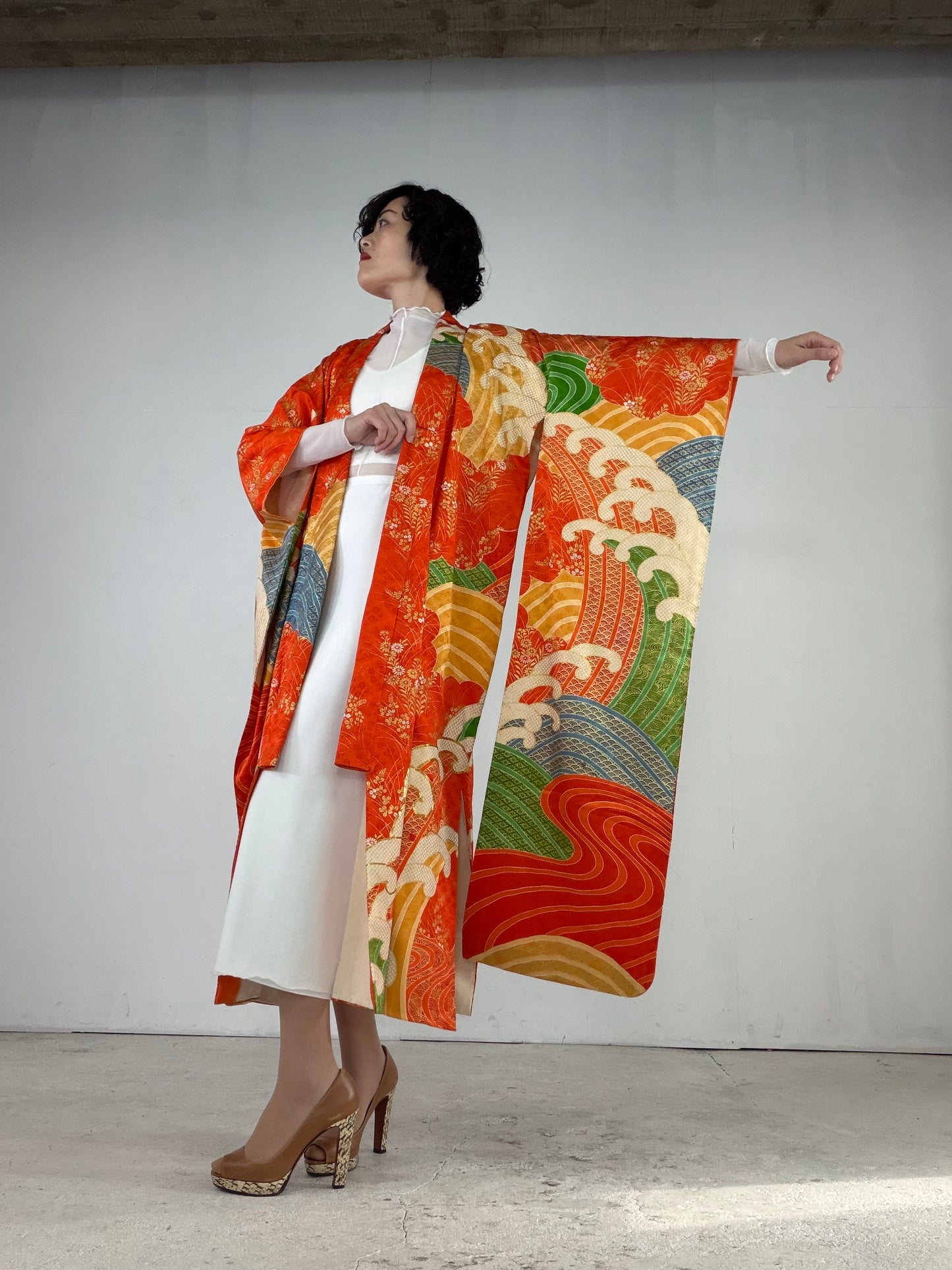 Furisode Kimono Dress Gown with String Belt – Upcycled from Vintage Japanese Kimono "orange, nami, DRE021"