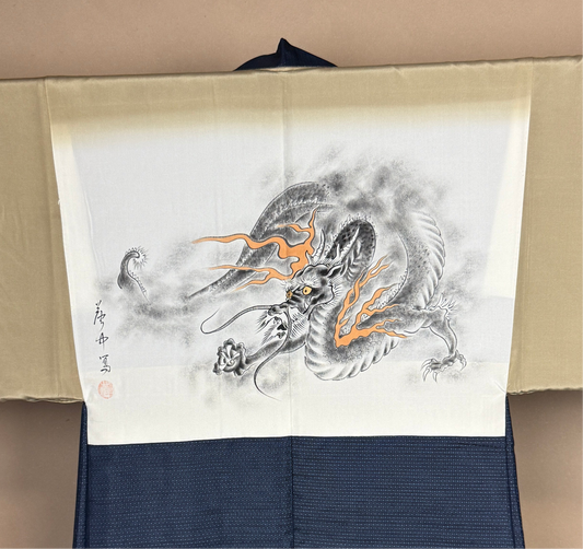 VINTAGE KAWAII HAORI oversized  "oshima, blue,  dragon 034"