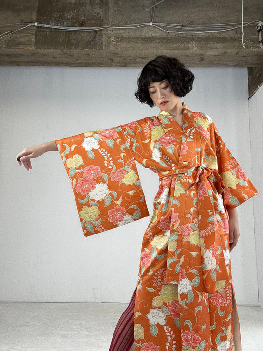 Kimono dress gown and string belt upcycled from Japanese kimono "komon youbana" *damage