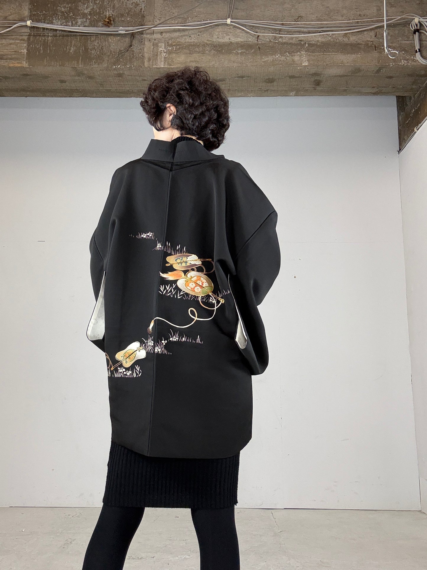 VINTAGE BLACK HAORI "GINKOMA, embroidery"