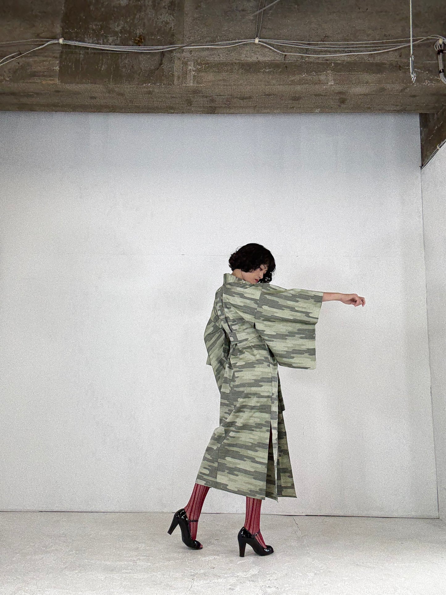 Kimono dress gown and string belt upcycled from Japanese kimono "tsumugi cloud pattern" :damage