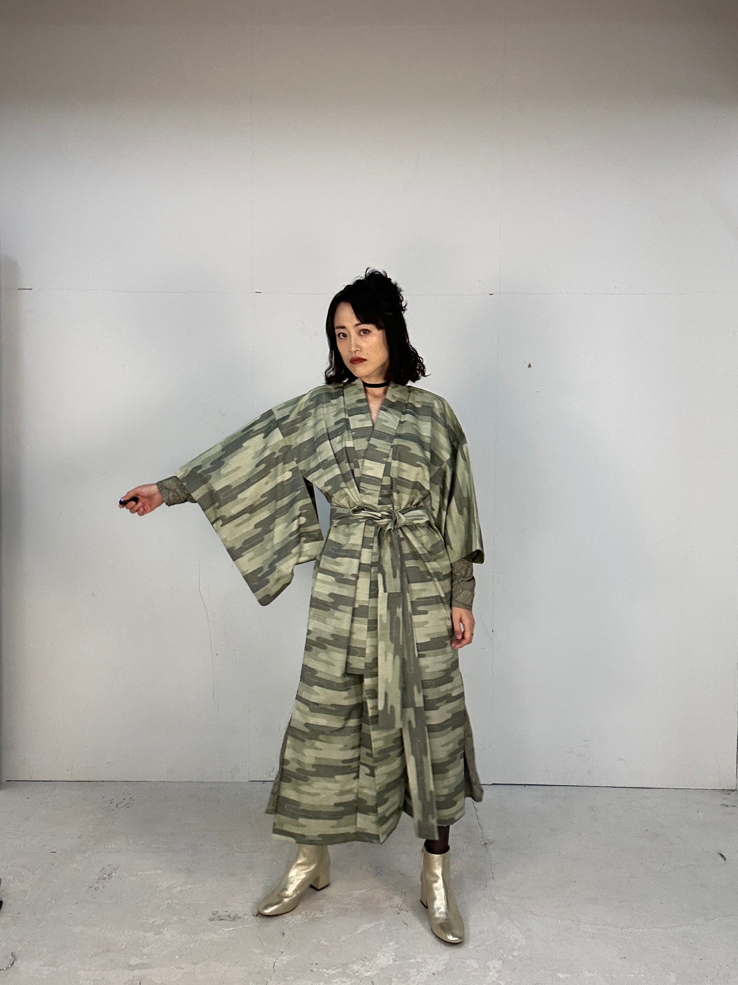 Kimono dress gown and string belt upcycled from Japanese kimono "tsumugi cloud pattern"