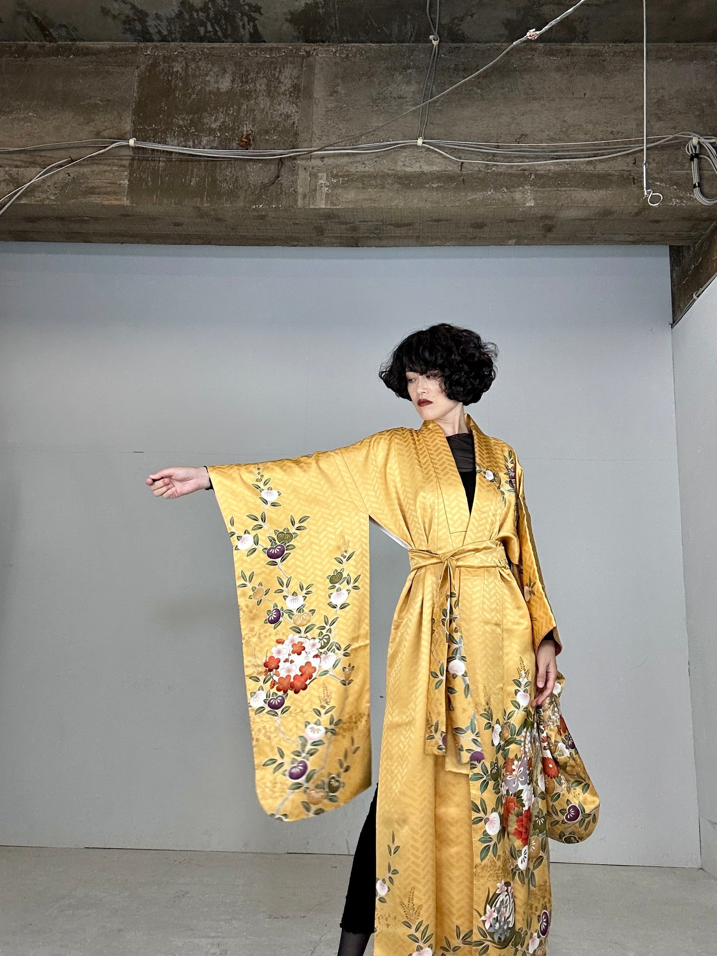 Furisode Kimono dress gown and string belt upcycled from Japanese kimono "yellow"