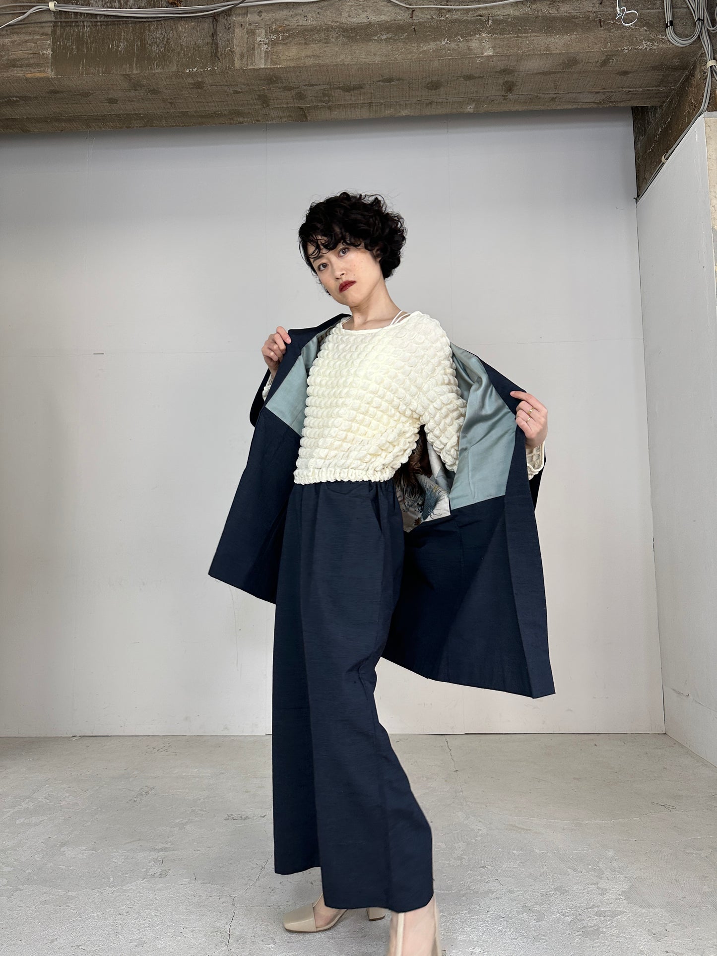 TAKA Tsumugi HAORI and KIMONO elastic waist pants upcycled from Japanese kimono