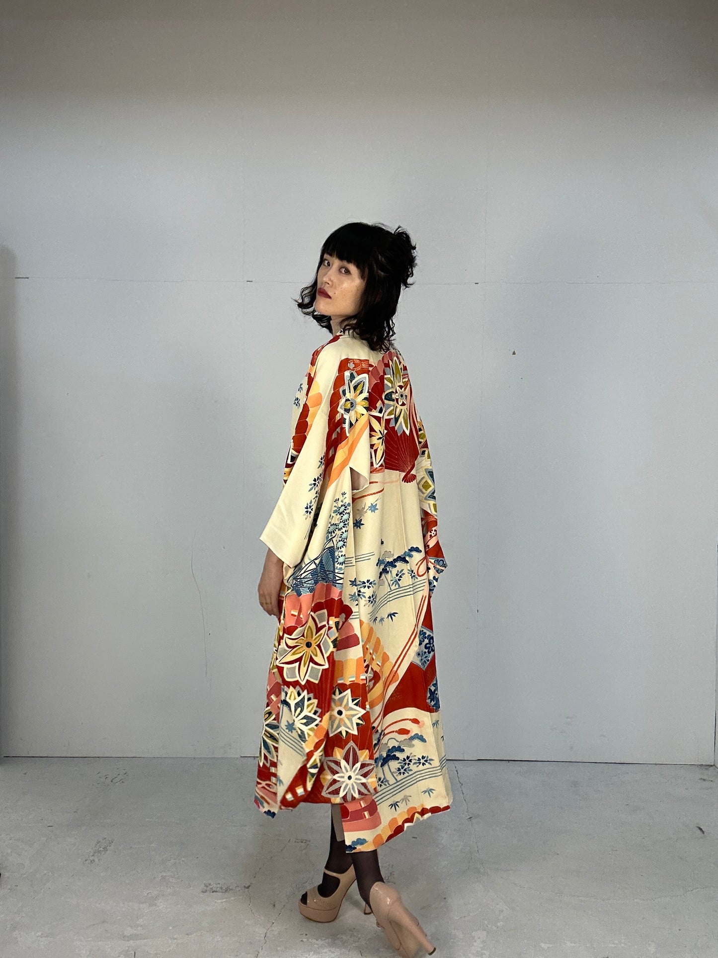 Furisode Kimono dress gown and string belt upcycled from Japanese kimono "furisode aka"