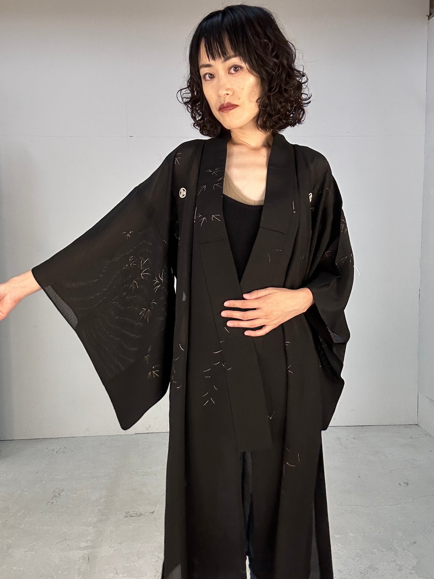 SHEER kimono dress gown and string belt upcycled from Japanese kimono "kin ashiato"