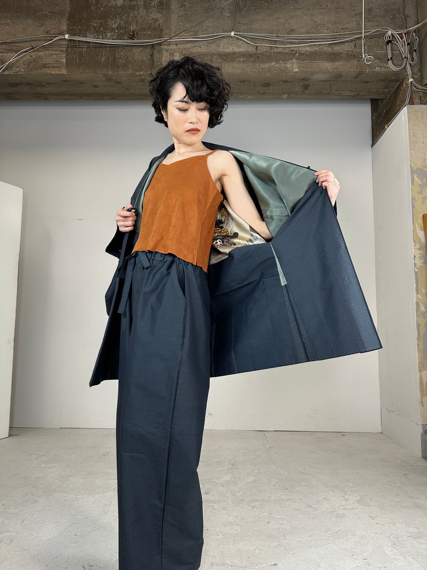 Oshima Tsumugi HAORI  and KIMONO elastic waist pants(large size) upcycled from Japanese kimono(Unisex)"Takarabune" *damage