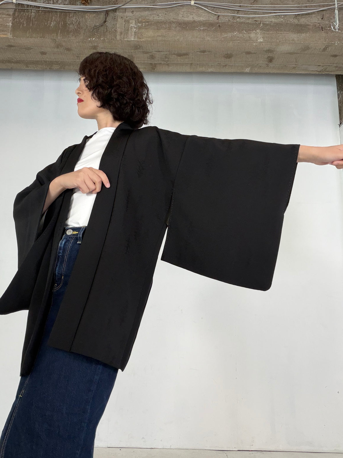 VINTAGE BLACK HAORI  " Wood Motif - BLK211"