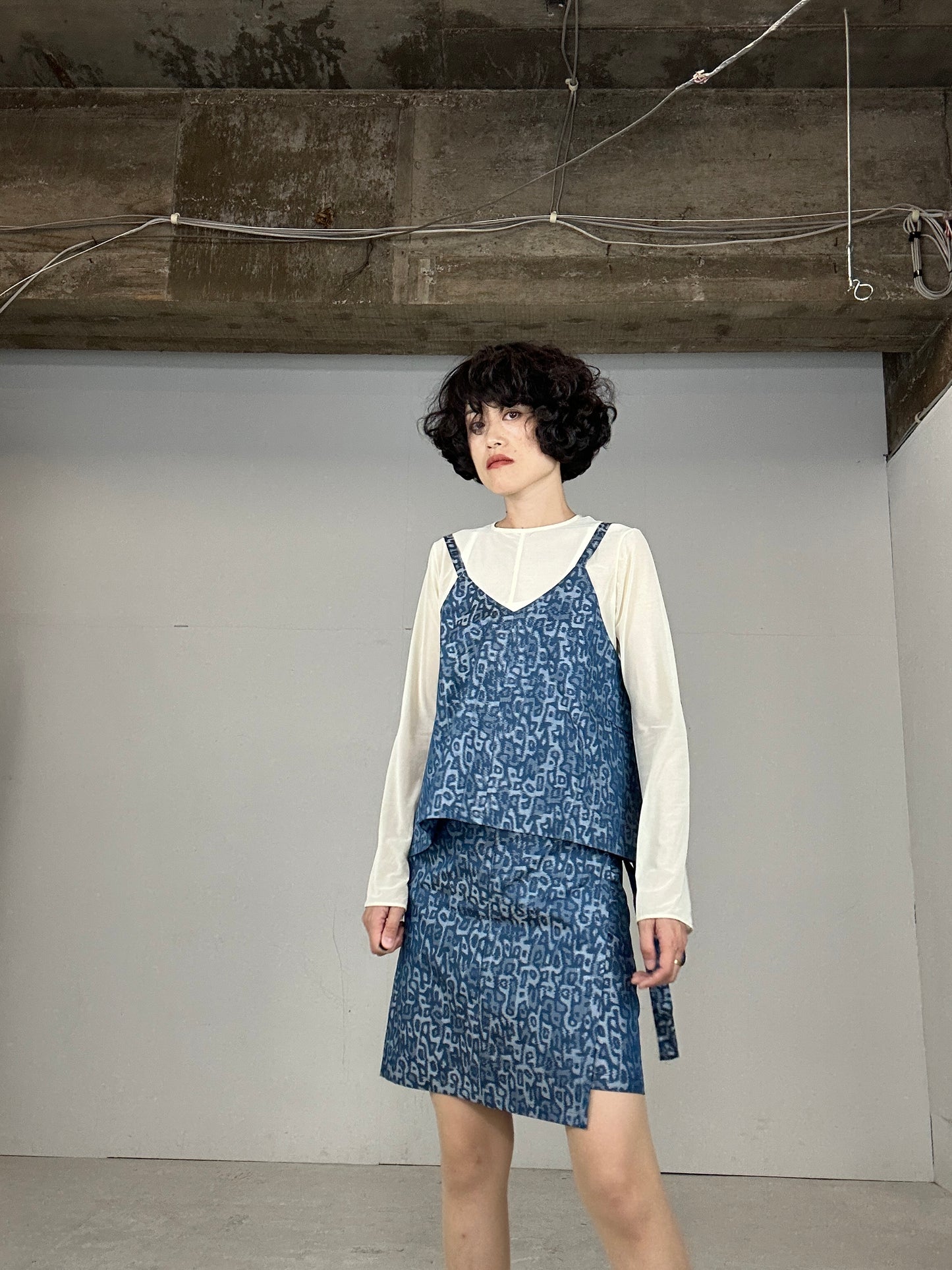 Tsumugi HAORI and KIMONO Skirt, Camisole upcycled from Japanese kimono"sarasa blue"