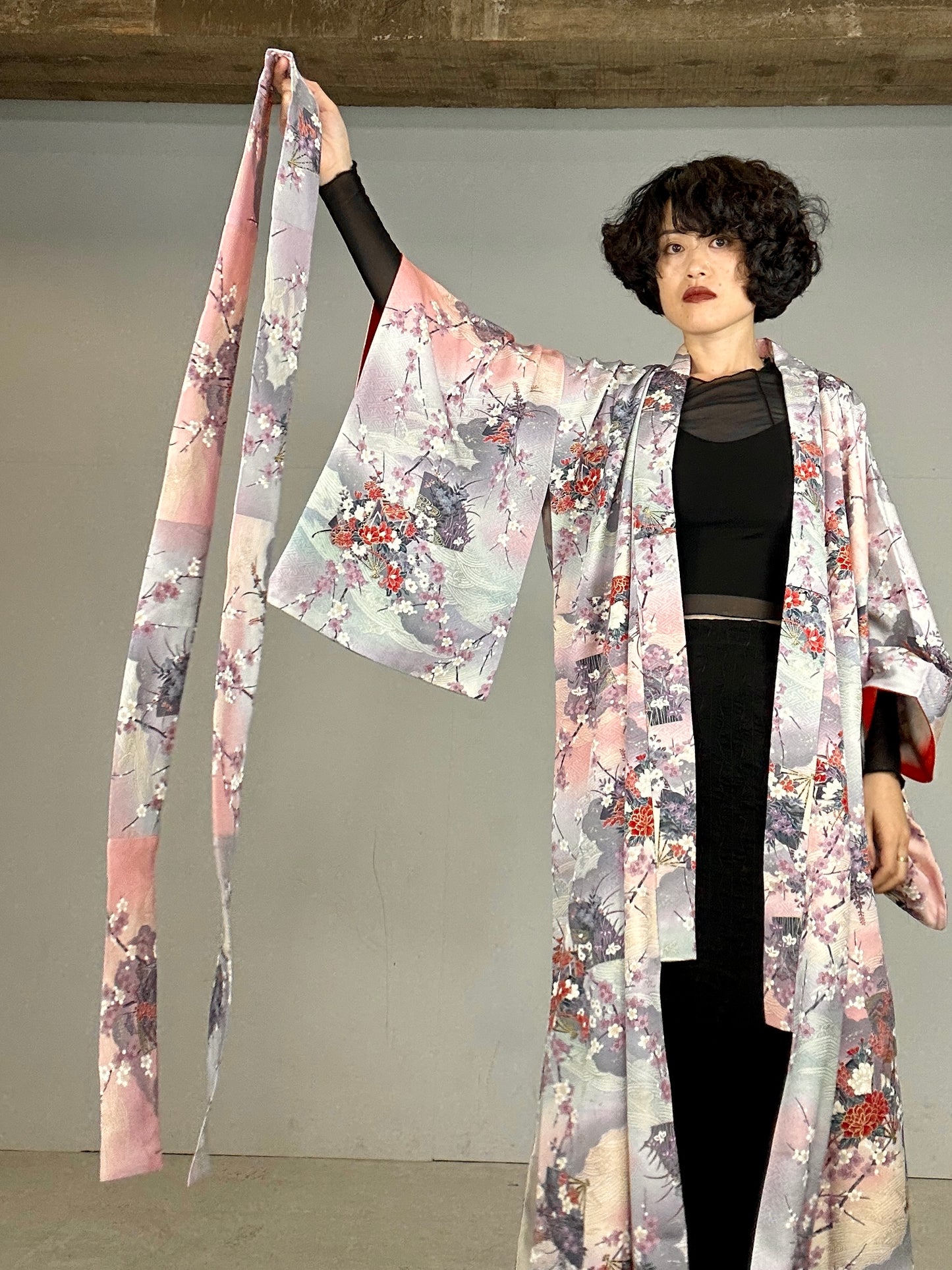 Kimono dress gown and string belt upcycled from Japanese kimono "Shiki kusabana"