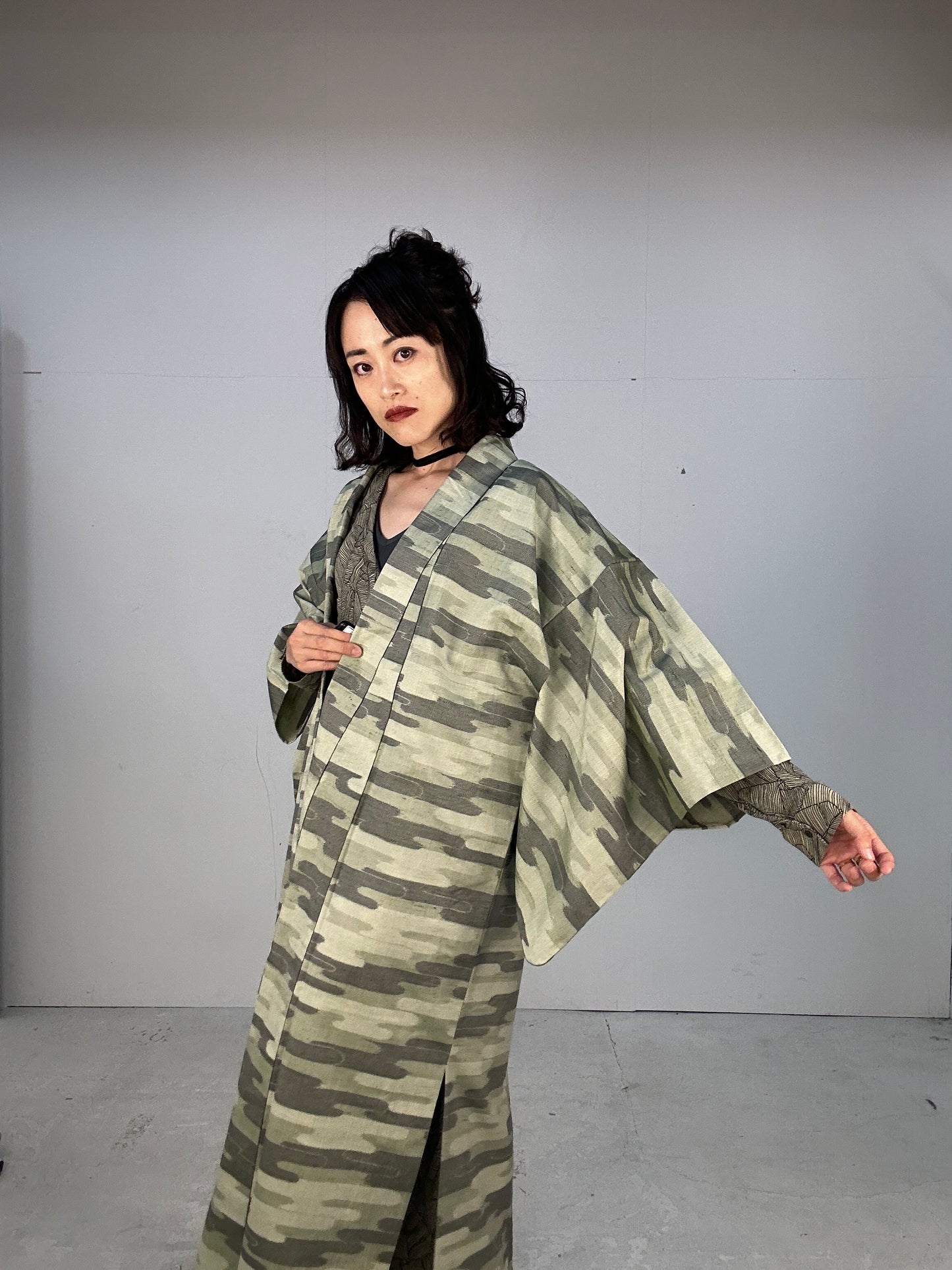 Kimono dress gown and string belt upcycled from Japanese kimono "tsumugi cloud pattern"