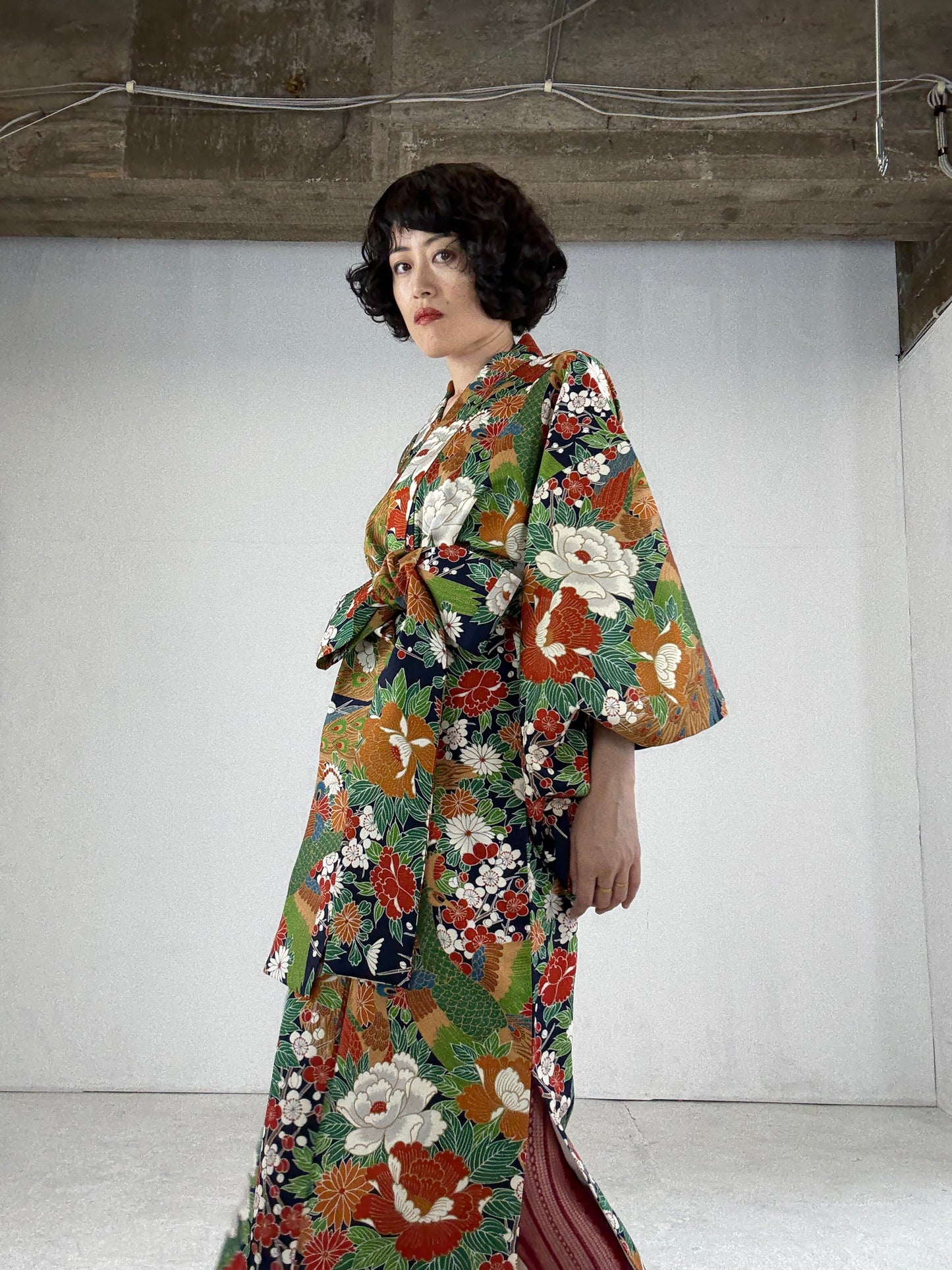 Kimono dress gown and string belt upcycled from Japanese kimono "hanadukushi" Big Ribbon