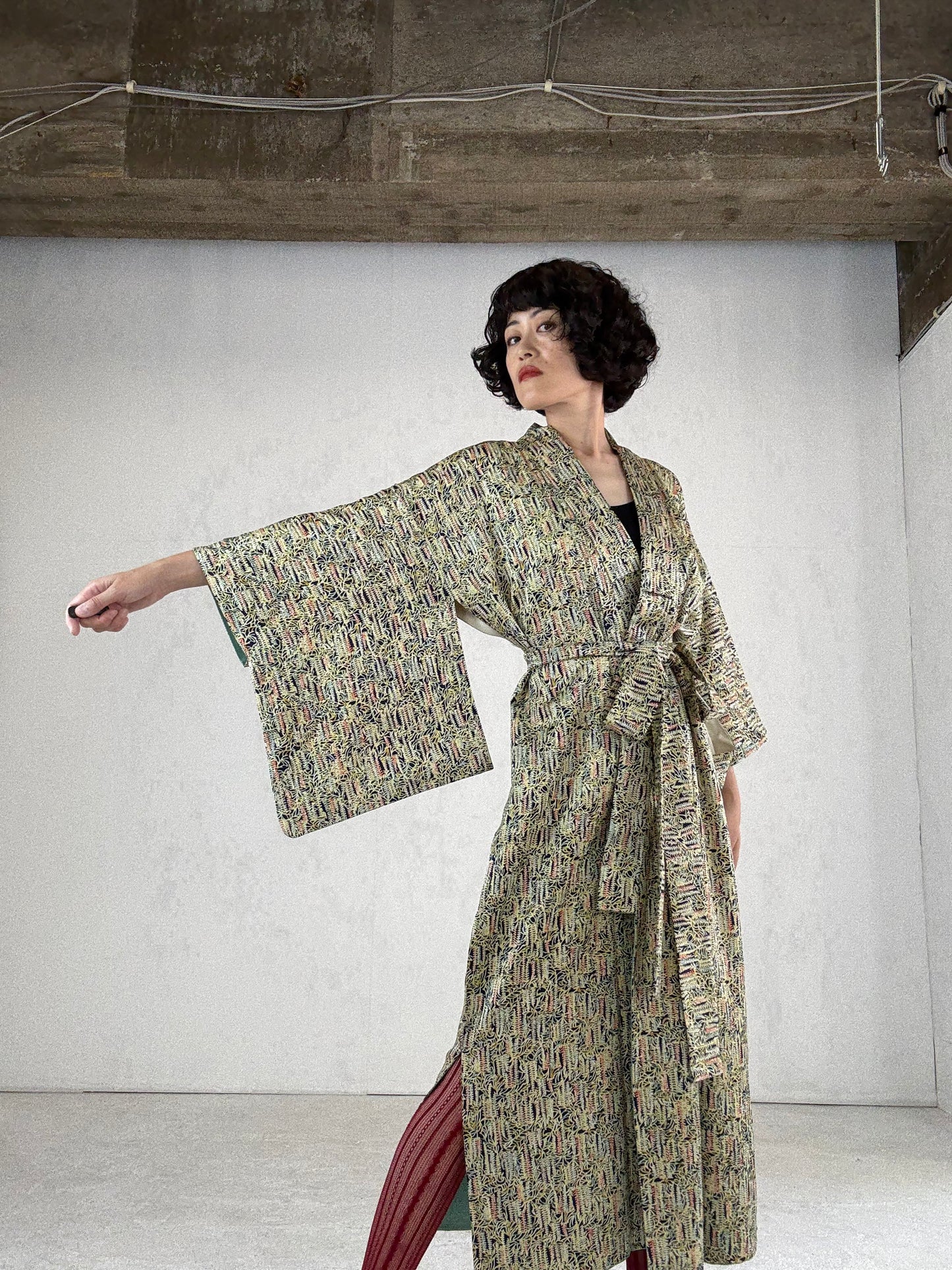 Kimono dress gown and string belt upcycled from Japanese kimono " fuji"