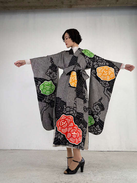 Furisode Kimono Dress Gown with String Belt – Upcycled from Vintage Japanese Kimono "shibori, black, DRE027"