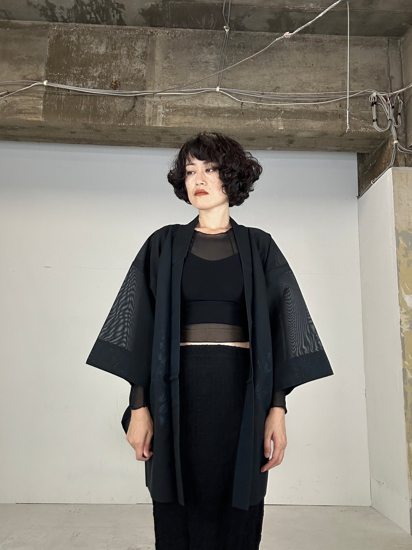 VINTAGE BLACK  HAORI SHEER “ao kusabana"