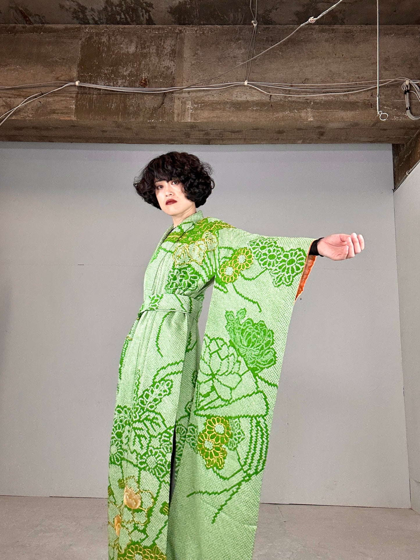 Furisode Kimono dress gown and string belt upcycled from Japanese kimono "shibori green"