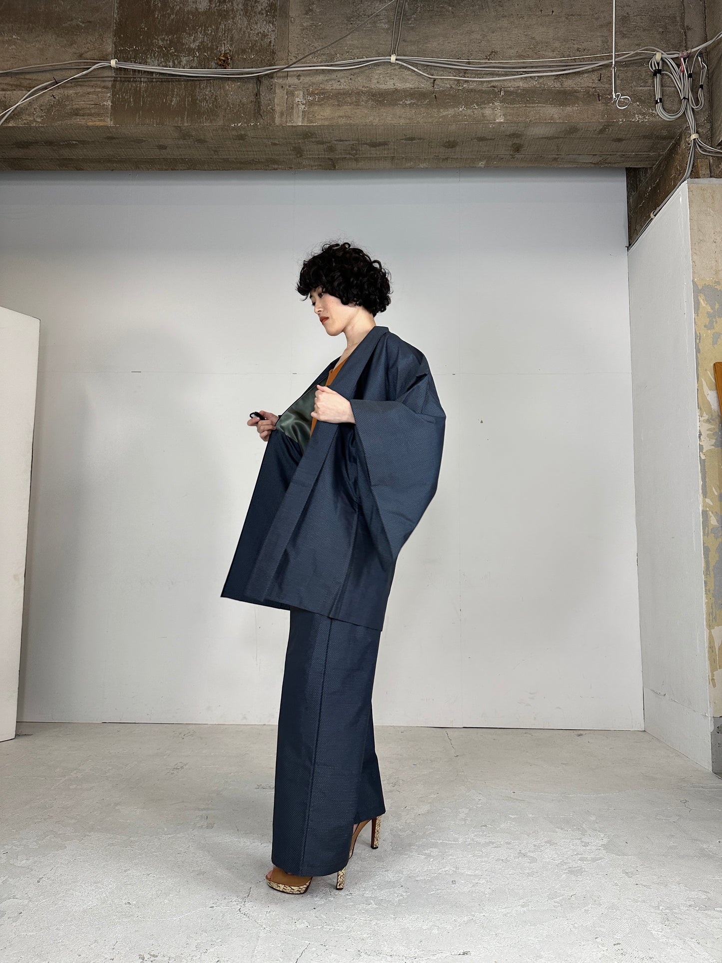 Oshima Tsumugi HAORI  and KIMONO elastic waist pants(large size) upcycled from Japanese kimono(Unisex)"Takarabune" *damage