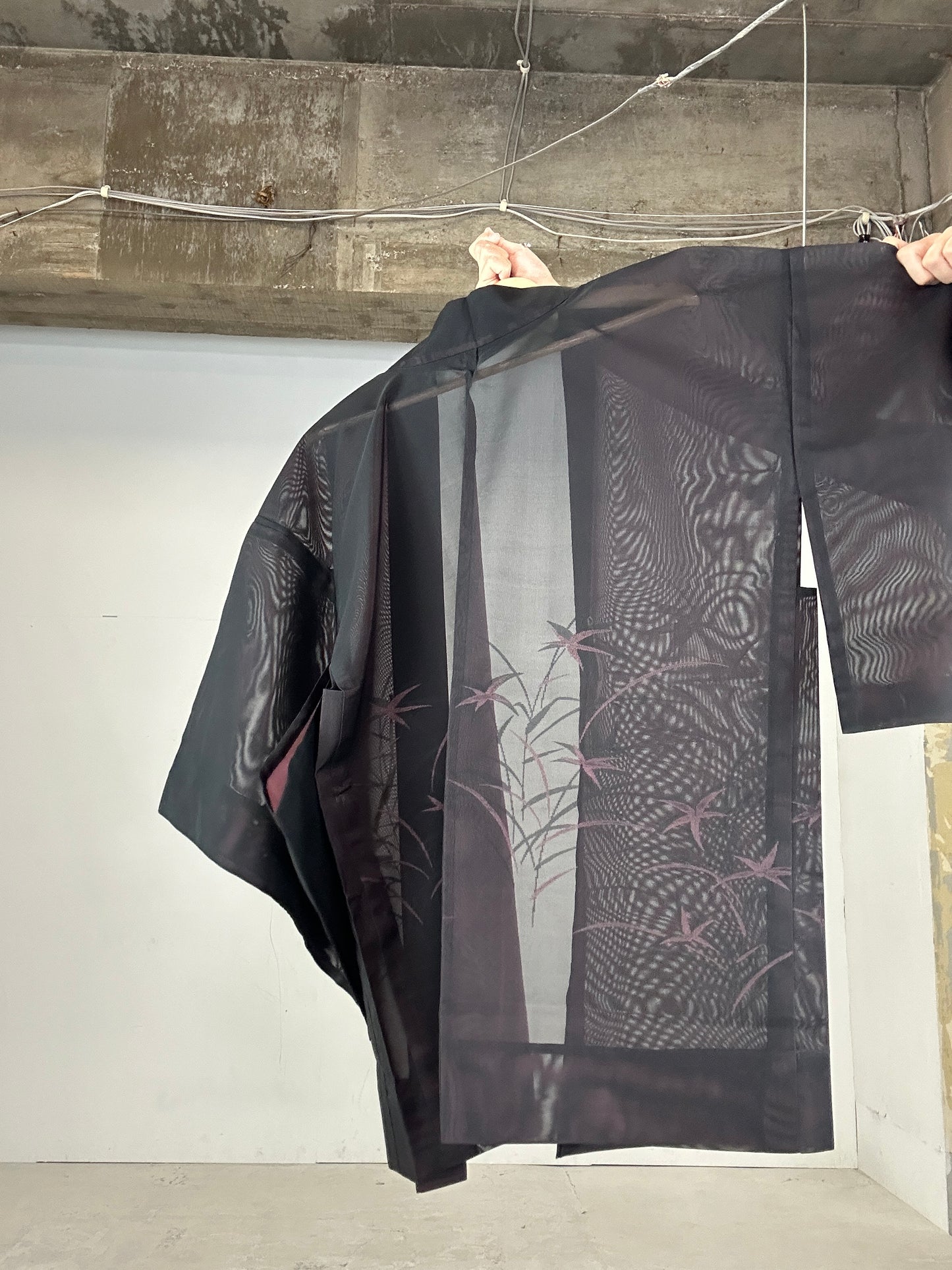 VINTAGE BLACK HAORI SHEER “aka 001 pink shibakusa"